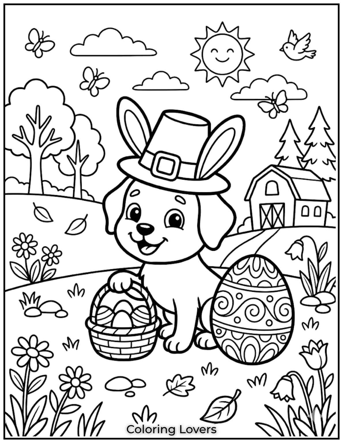 A cheerful dog with bunny ears and a basket of eggs sits near a big Easter egg