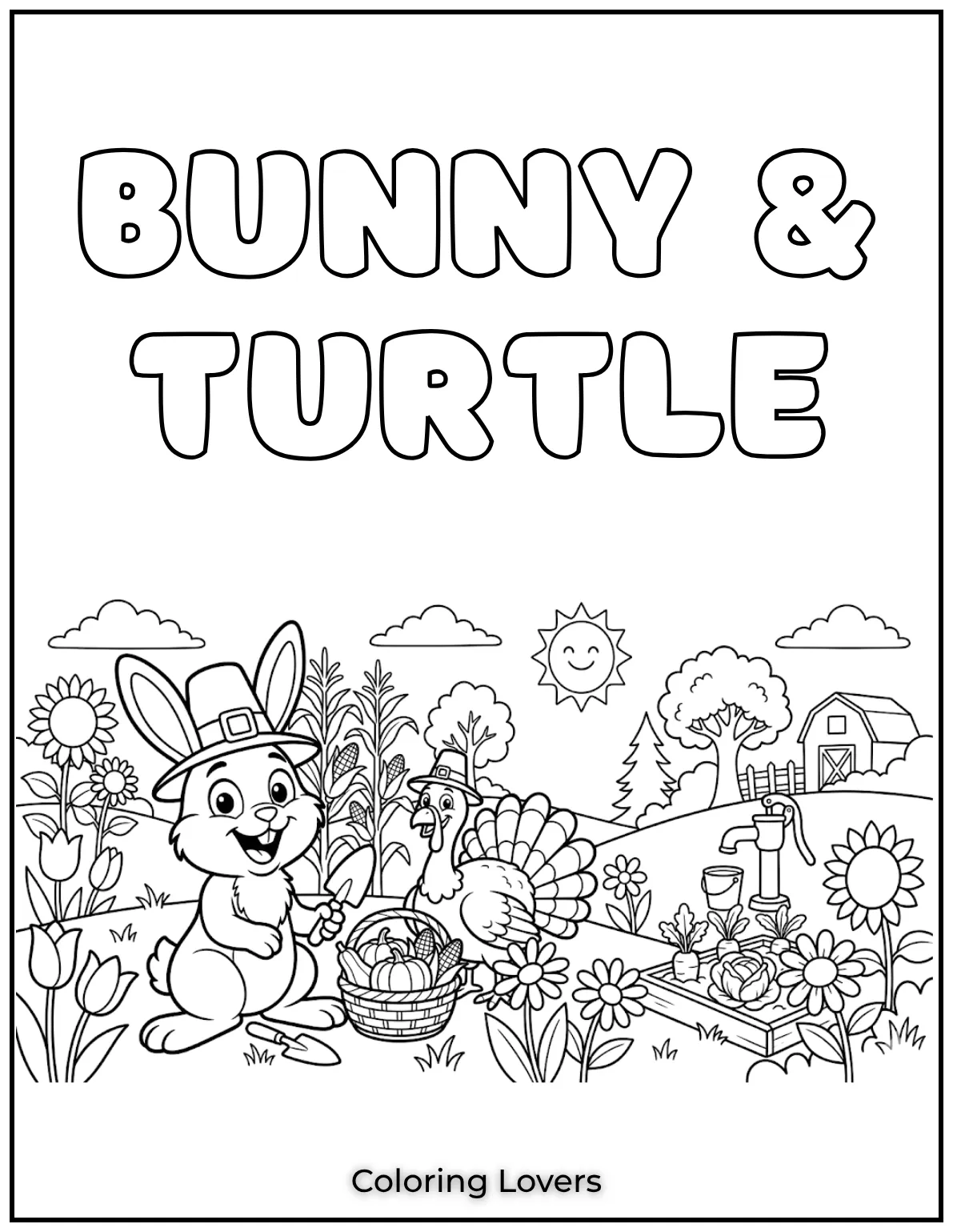 A fun bunny and turkey enjoying the garden. 