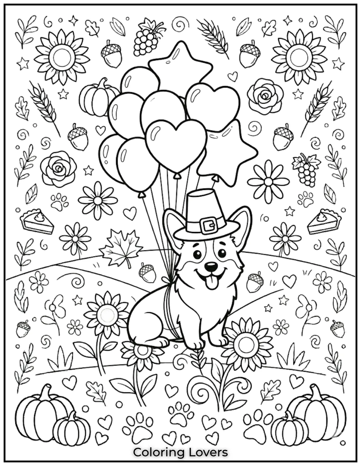 A joyful Corgi sits with balloons tied to its back full of charm and energy. 