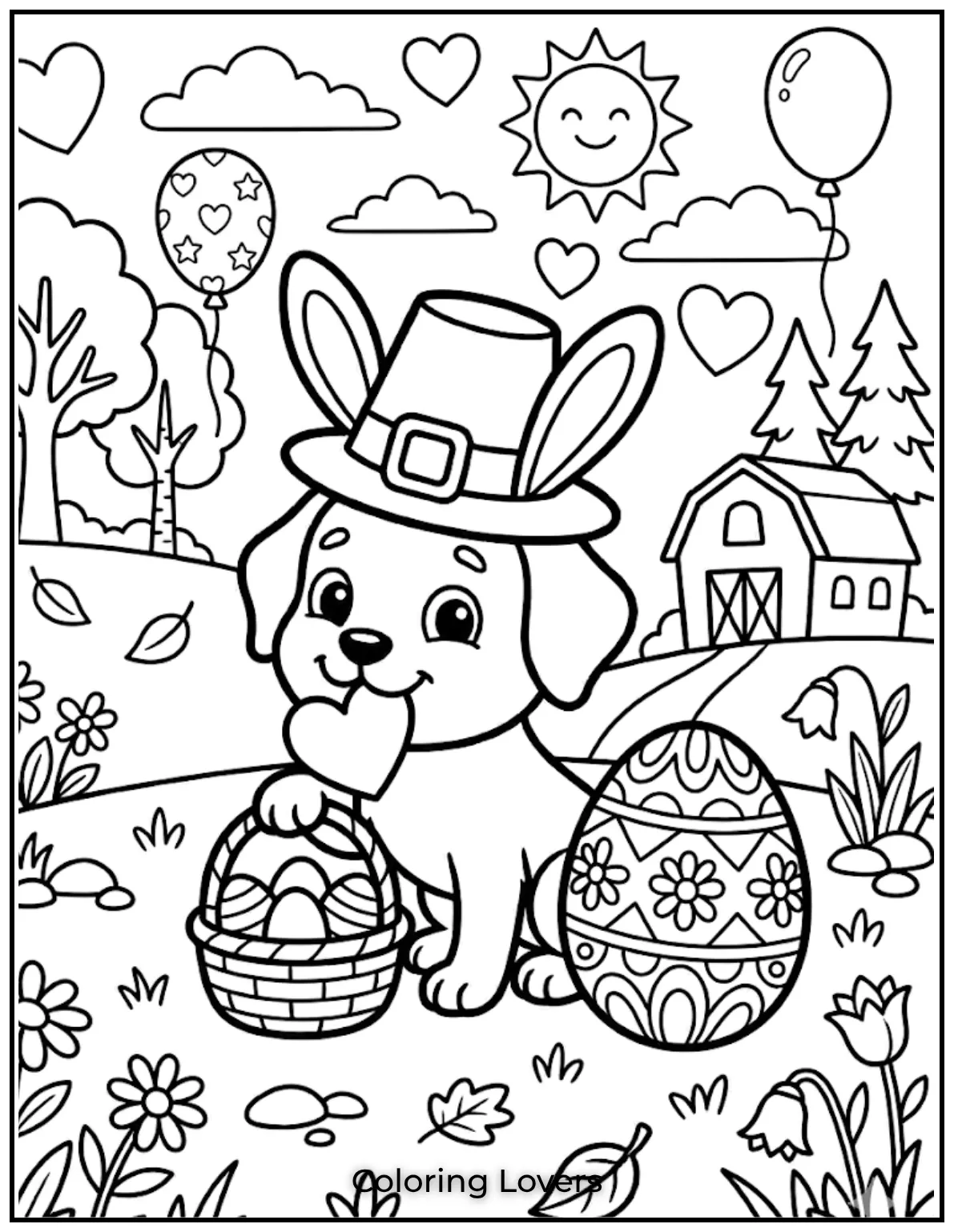 A loving puppy holds a heart in its mouth surrounded by flowers and balloons