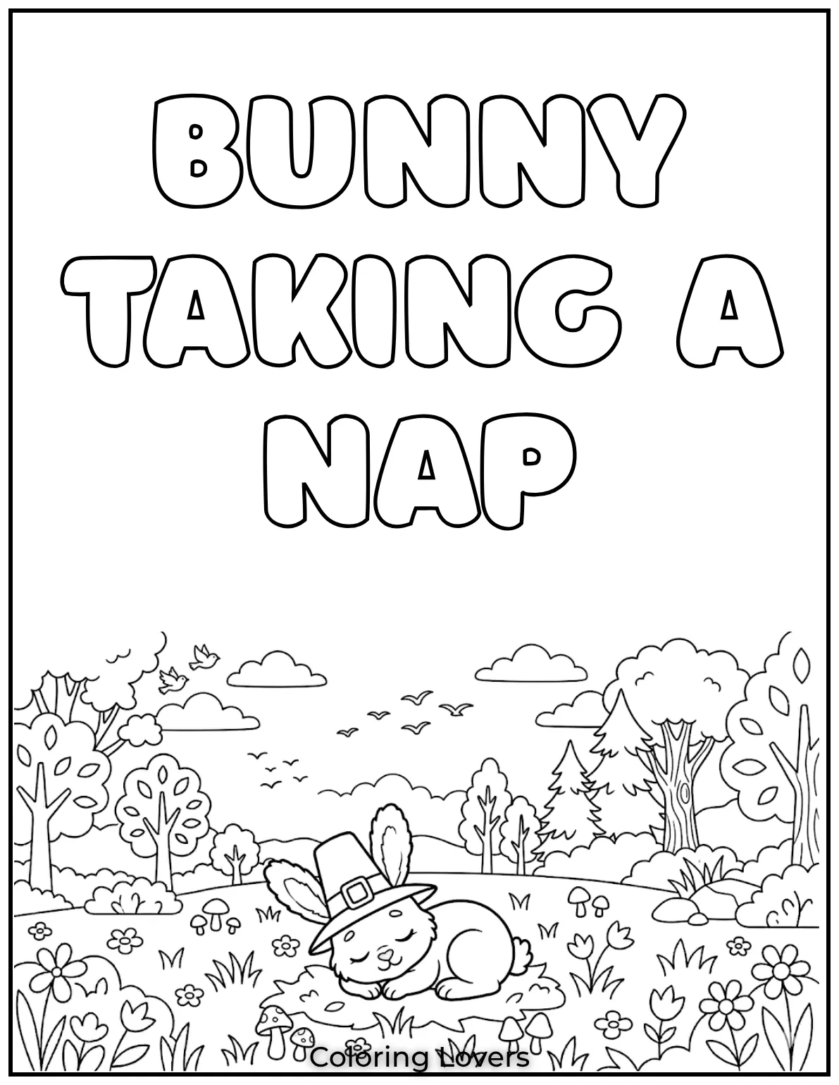 A peaceful bunny is taking a nap in the meadow surrounded by tiny mushrooms