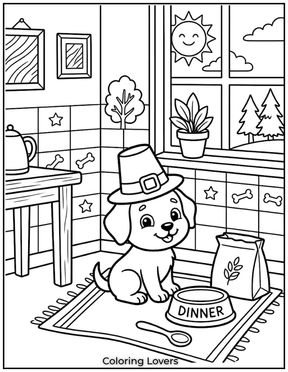 A playful cartoon dog with a cheerful expression sits calmly