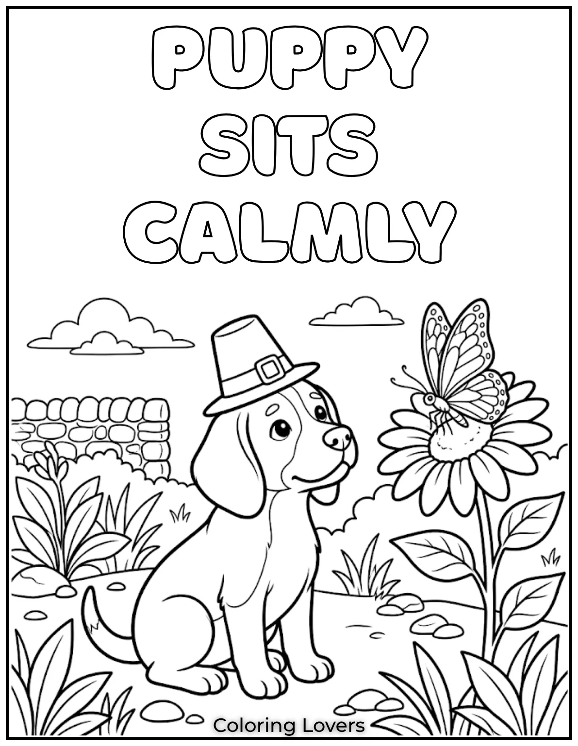 A puppy sits calmly, watching a butterfly land on a flower