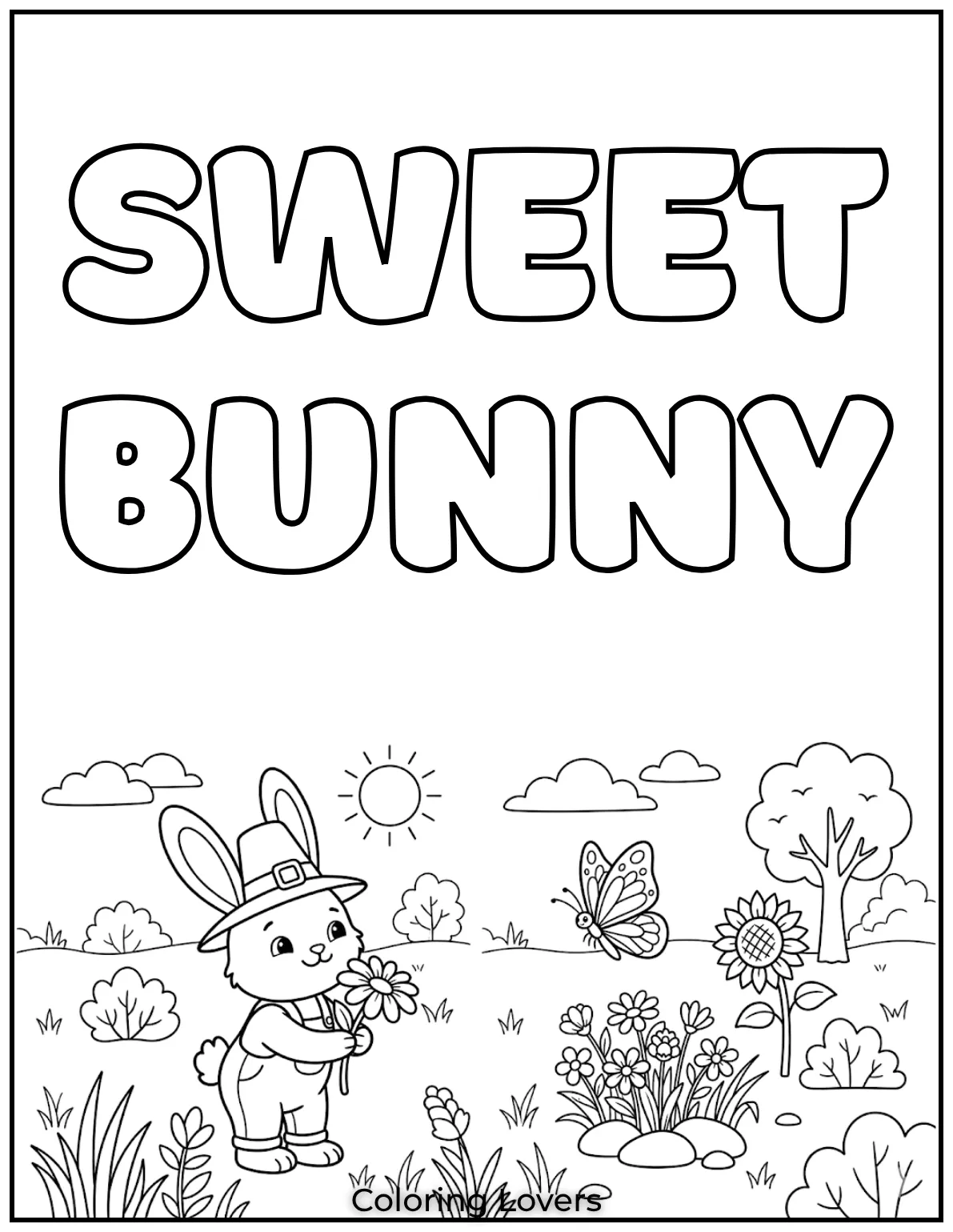 A sweet bunny holding a flower while a butterfly flutters 