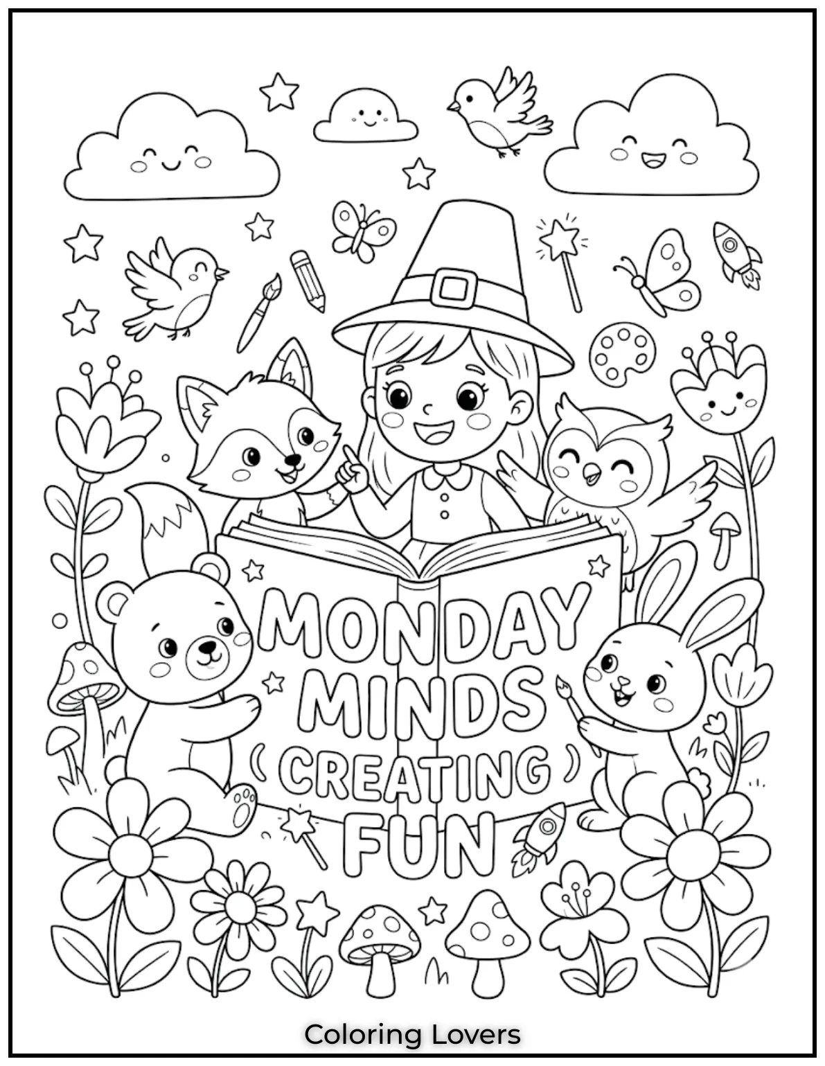 Adorable animals and cartoon characters make coloring fun and keep kids happily engaged on Mondays.
