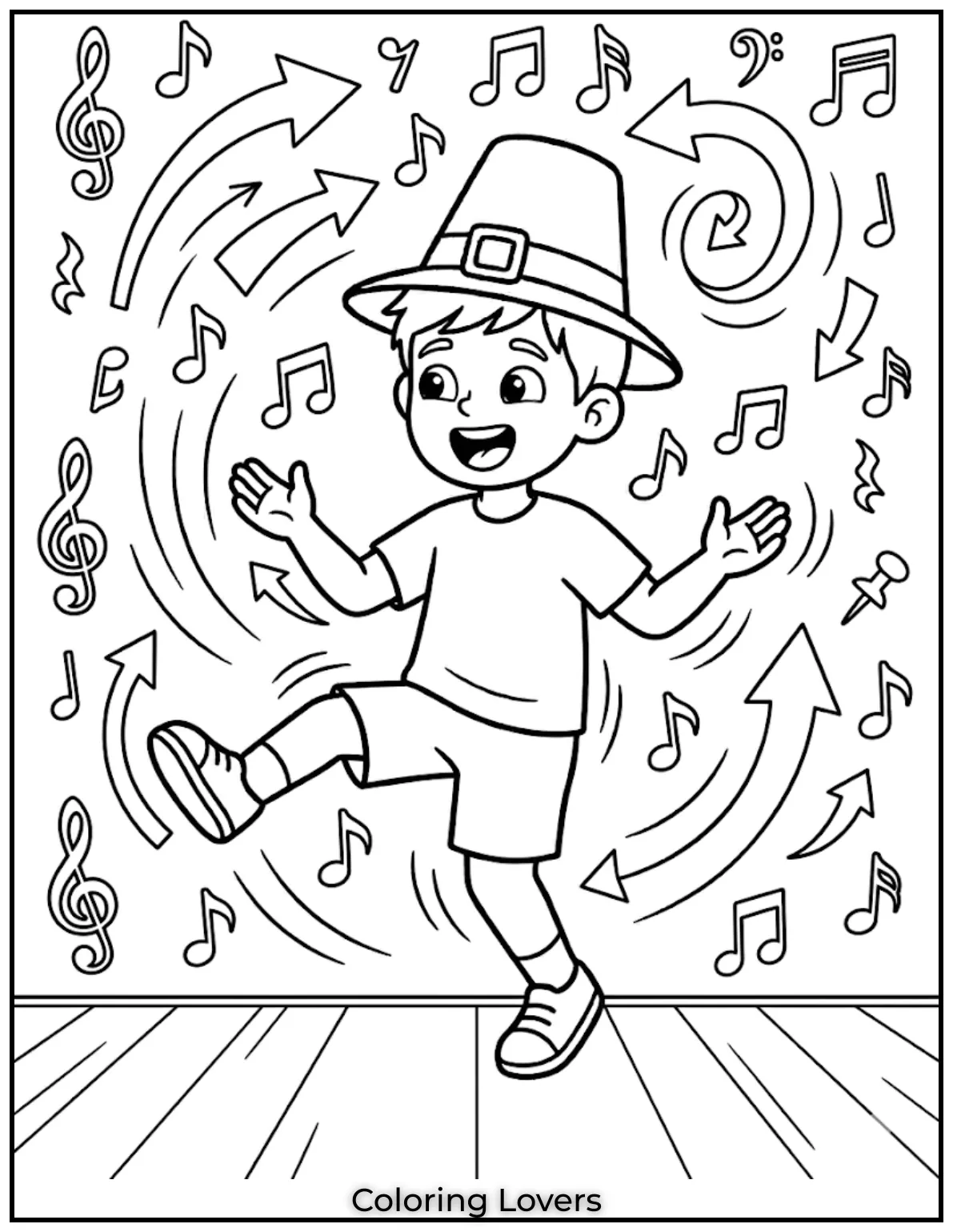 Arrows and music symbols floating around character simple layout bold lines fun style