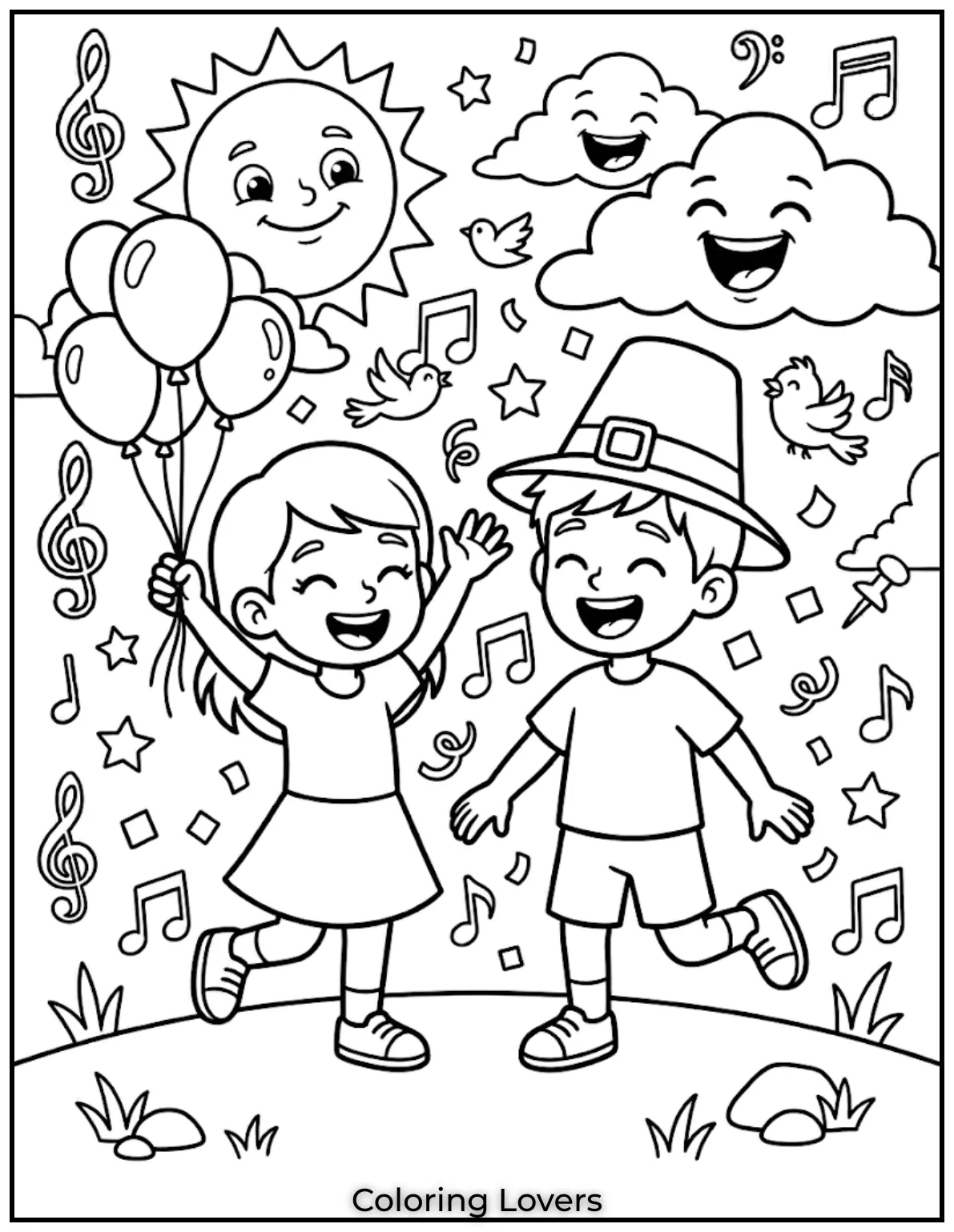 Balloons, confetti, kids jumping happily, clean composition, bold outlines, no shading