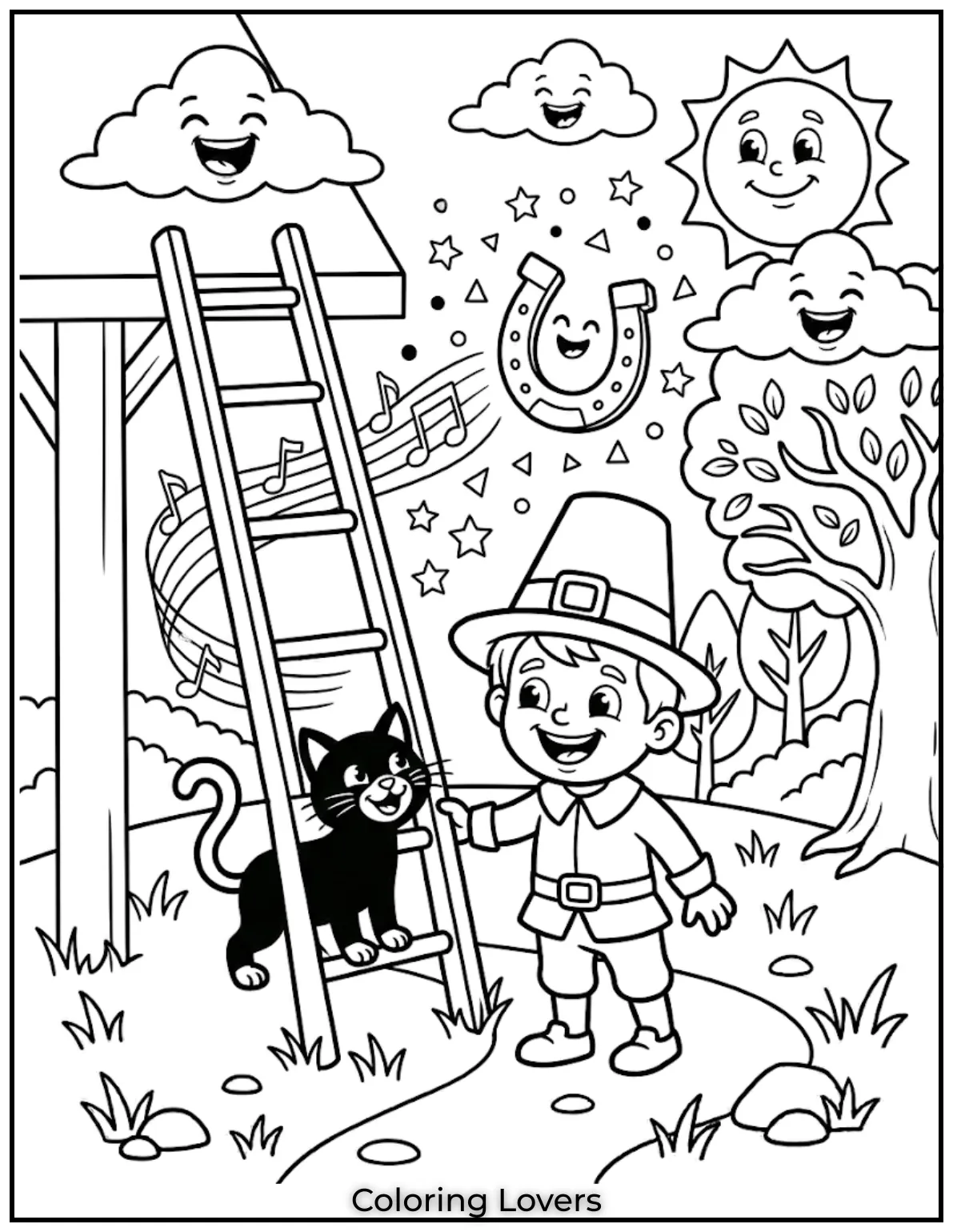 Lucky Charm TwistBlack cat, ladder, horseshoe in funny style, friendly expressions, simple layout