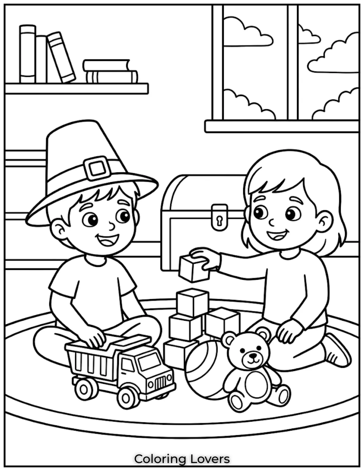 Cartoon boy holding microphone singing pose music notes around bold outlines coloring page style
