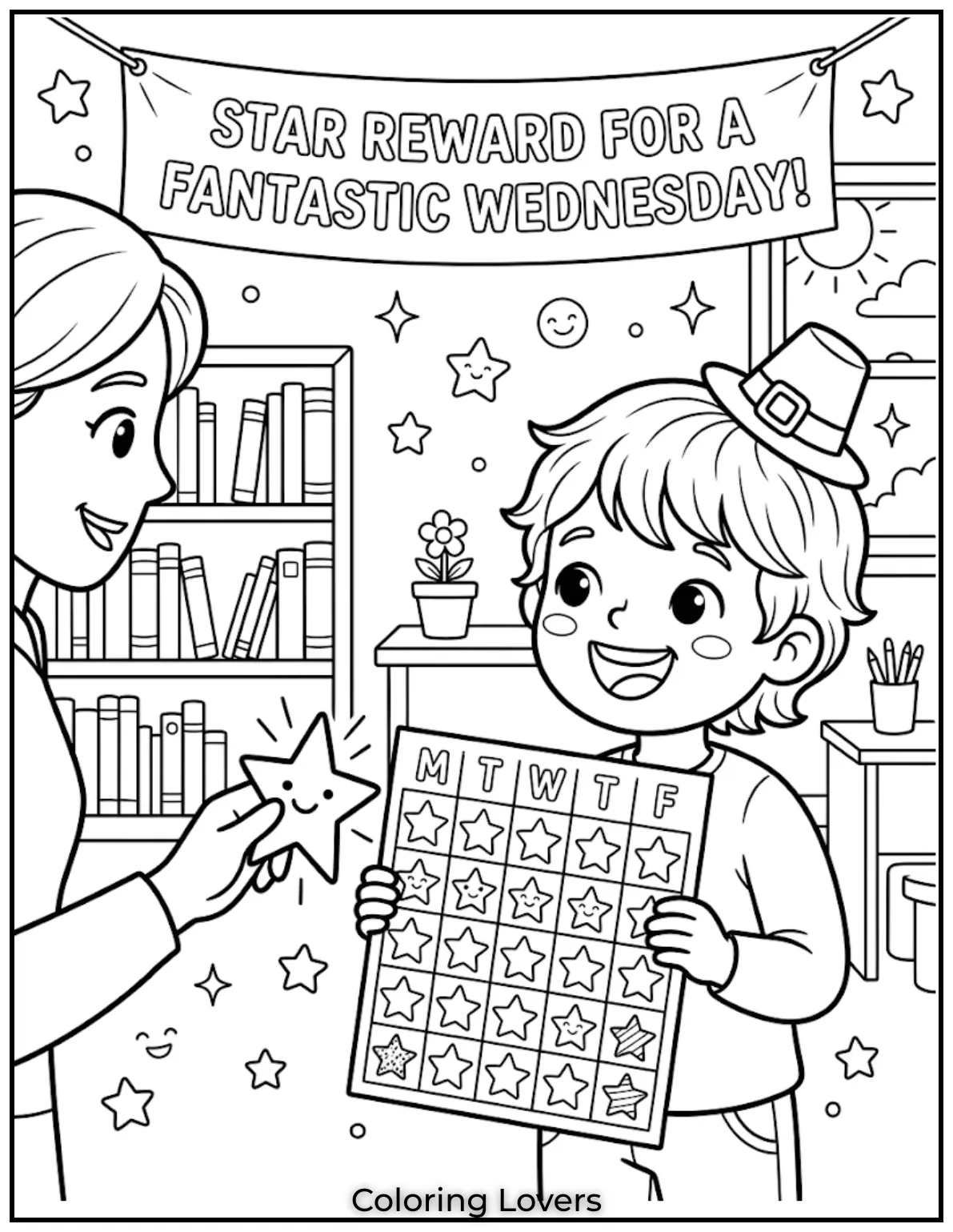 This Wednesday coloring page highlights small achievements, encouraging kids to feel proud and confident.