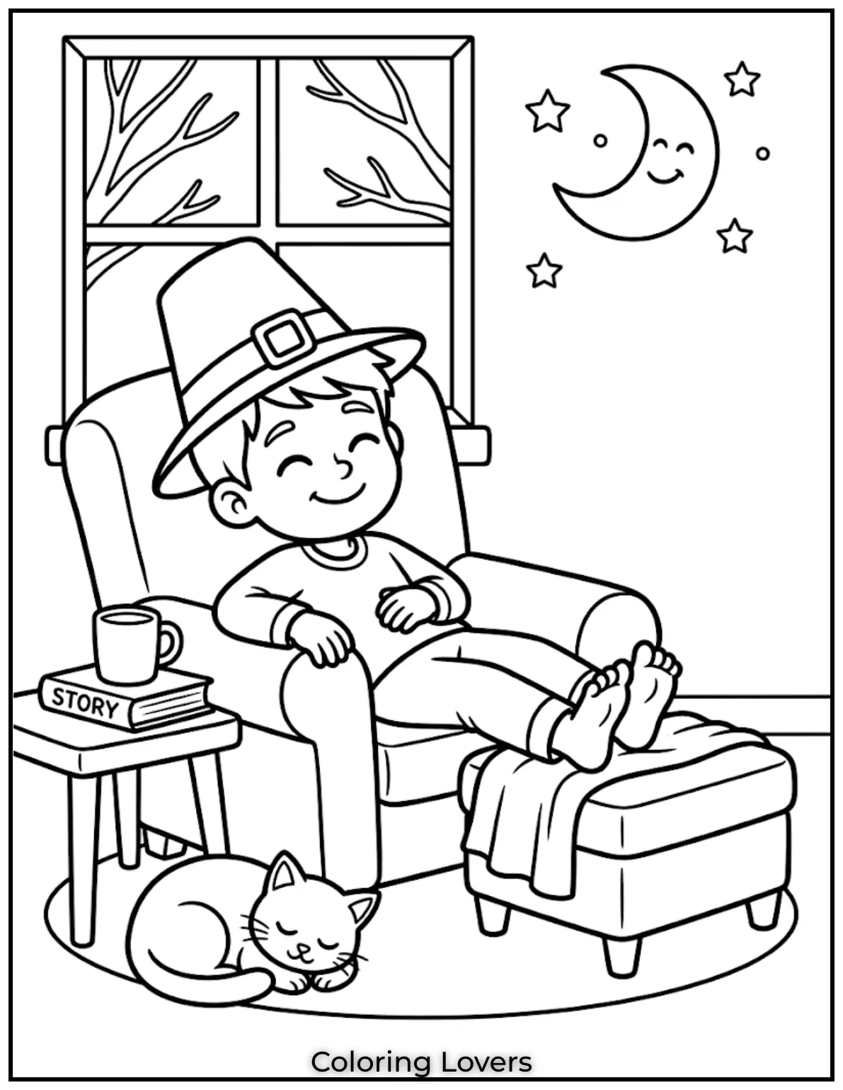 Weekend Happy MoodChild relaxing at home, cozy scene, smiling face, minimal objects, clean lines