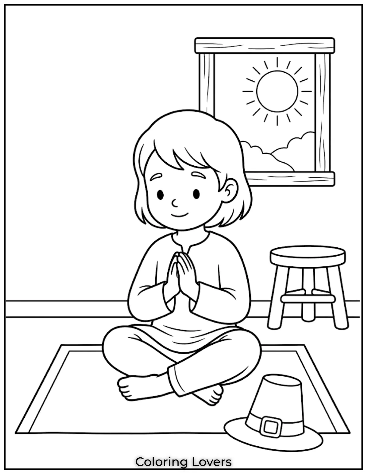 Prayer Time Sheets
Child sitting quietly with folded hands praying, calm room, minimal background, soft peaceful expression, outline style