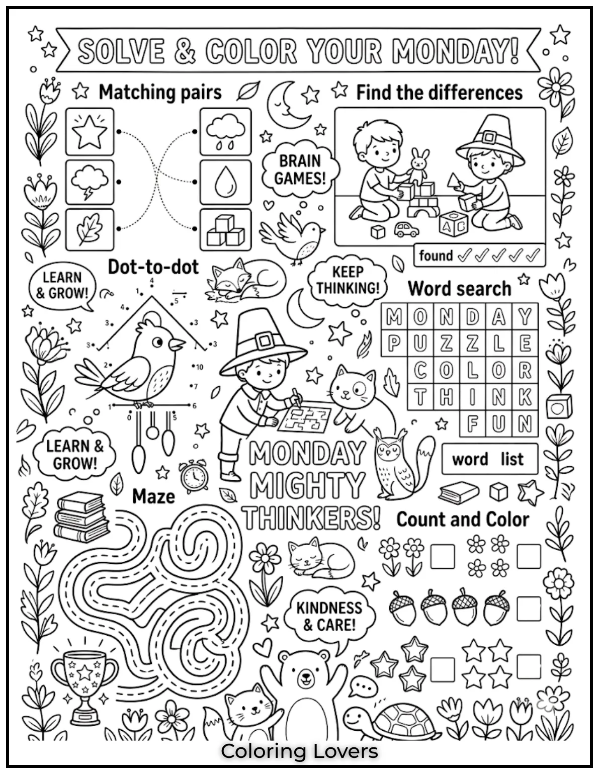 Color and solve simple puzzles together, improving thinking skills while making Monday activities exciting
