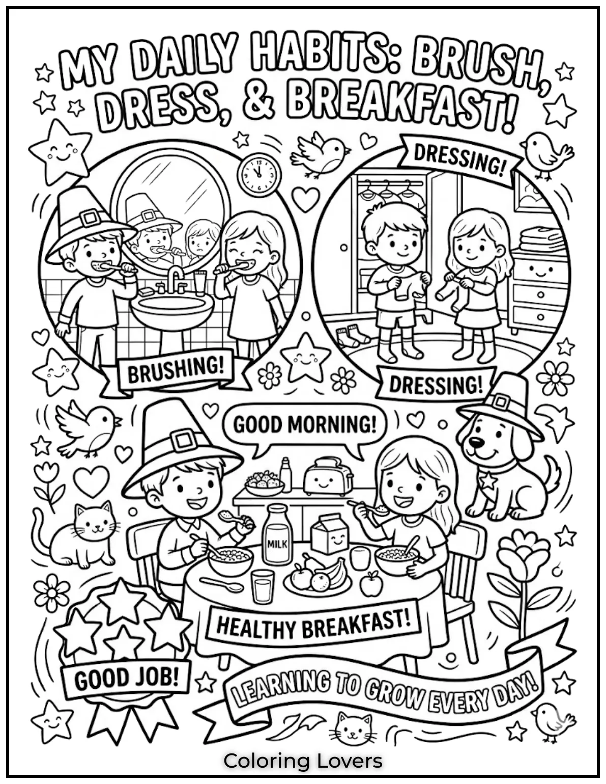 Color brushing, dressing, and breakfast scenes to help kids understand and enjoy daily morning habits.
