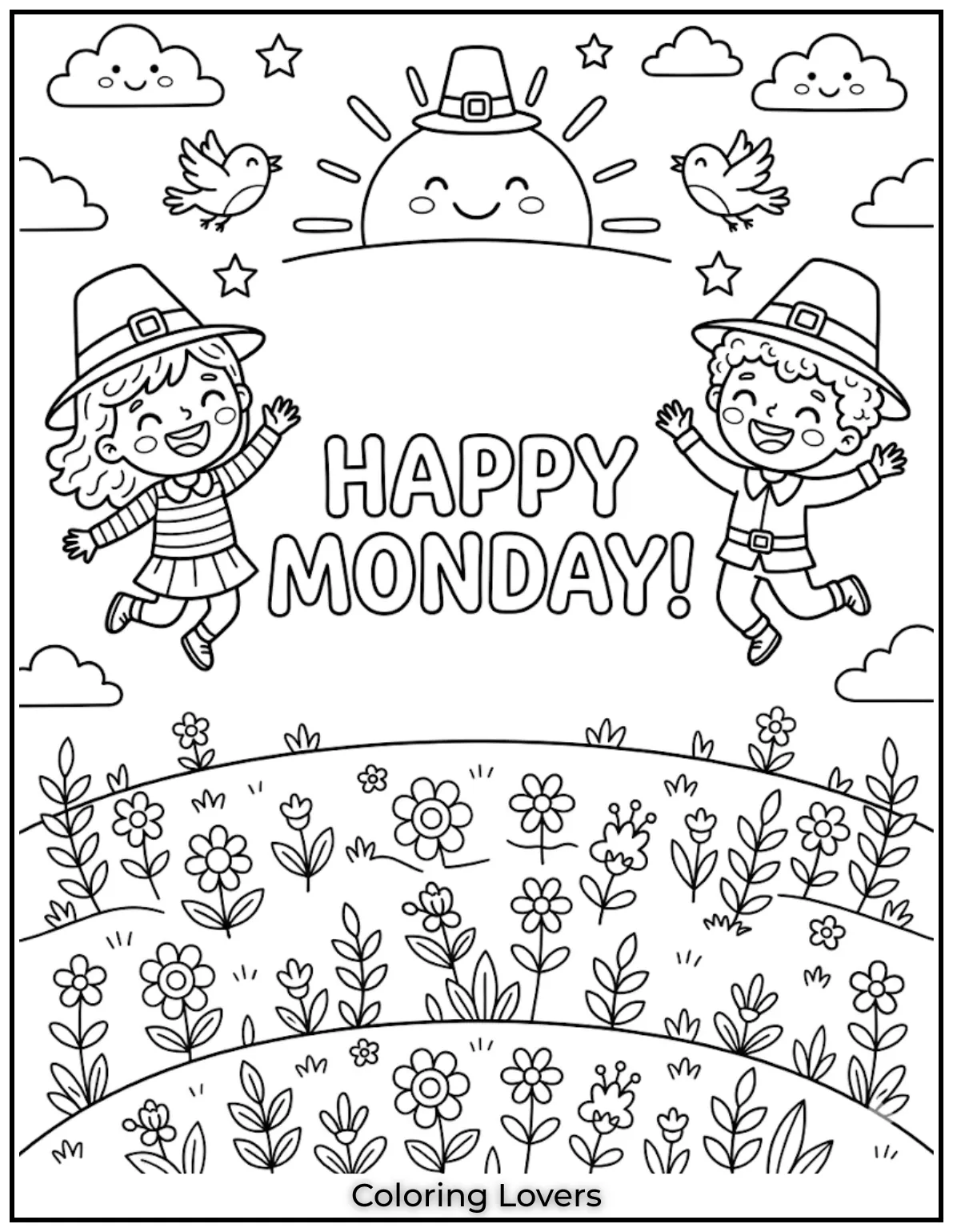 Color rising sun, birds, and trees to create a fresh, peaceful, and happy Monday morning.
