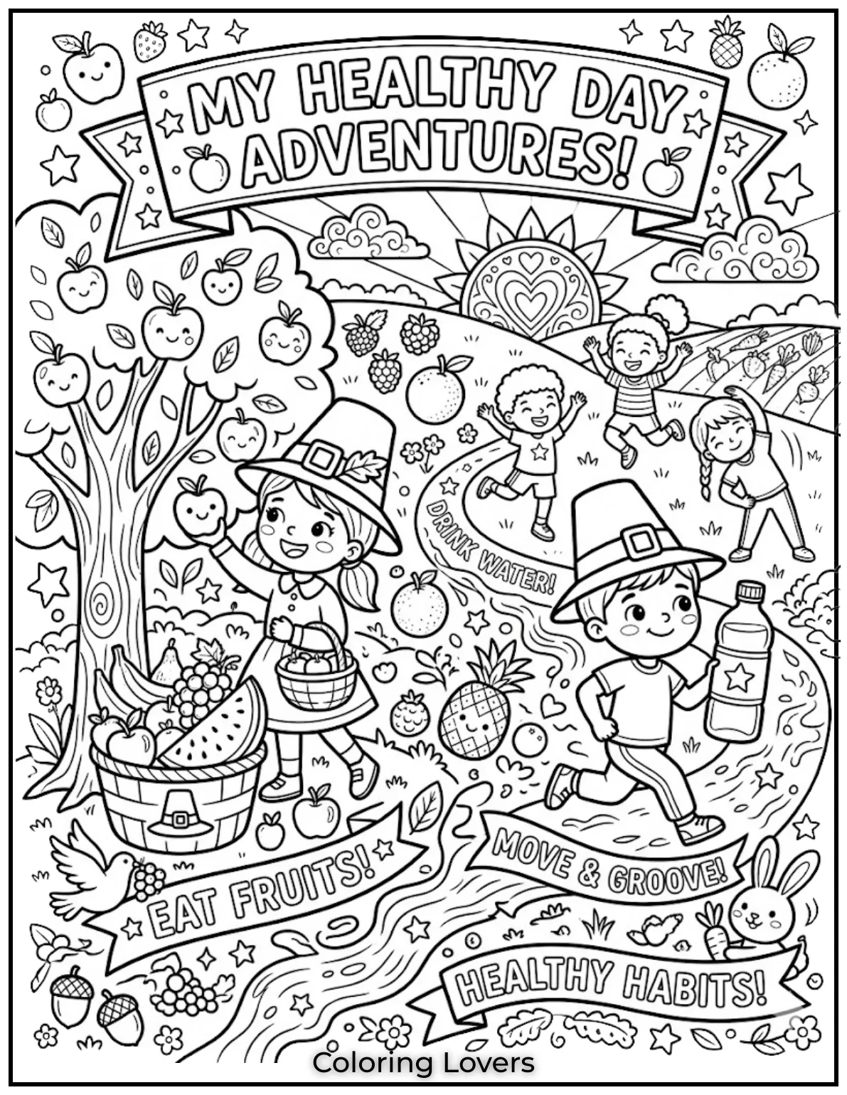 Coloring fruits, water, and exercise scenes promotes healthy routines and good lifestyle habits.
