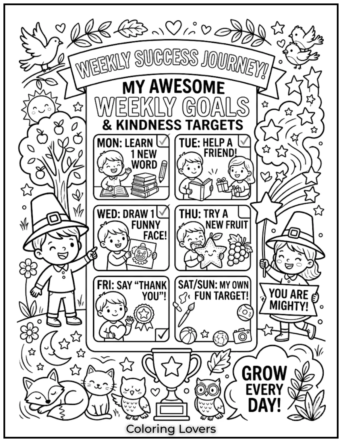 Coloring fun goals makes children feel motivated while enjoying creativity and setting simple weekly targets.
