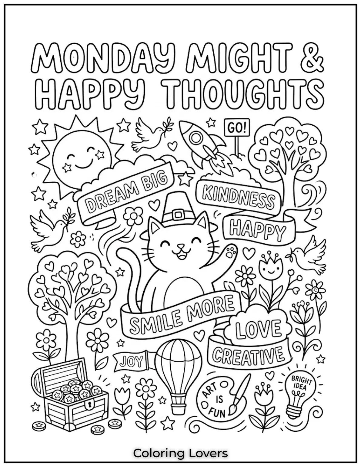 Coloring positive words and symbols encourages happy thinking and helps kids avoid Monday negativity.
