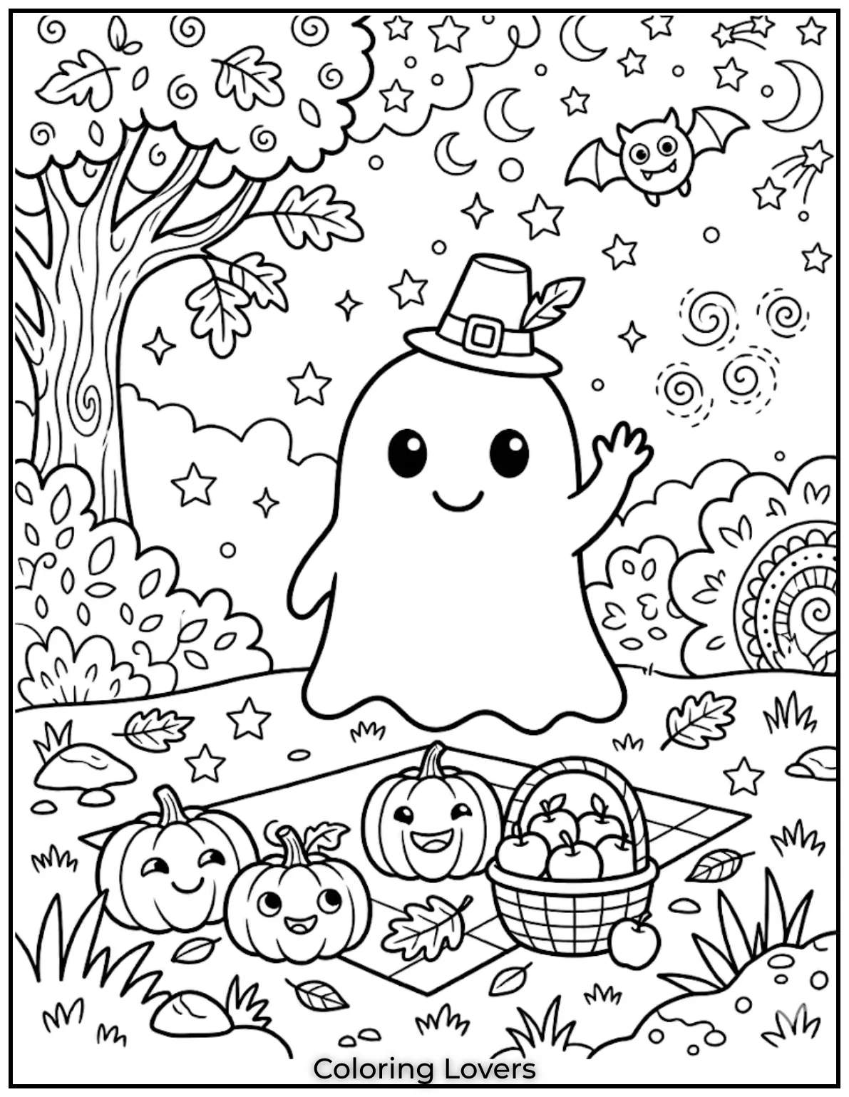 Cute ghost waving and smiling, simple background, thick outlines, coloring page