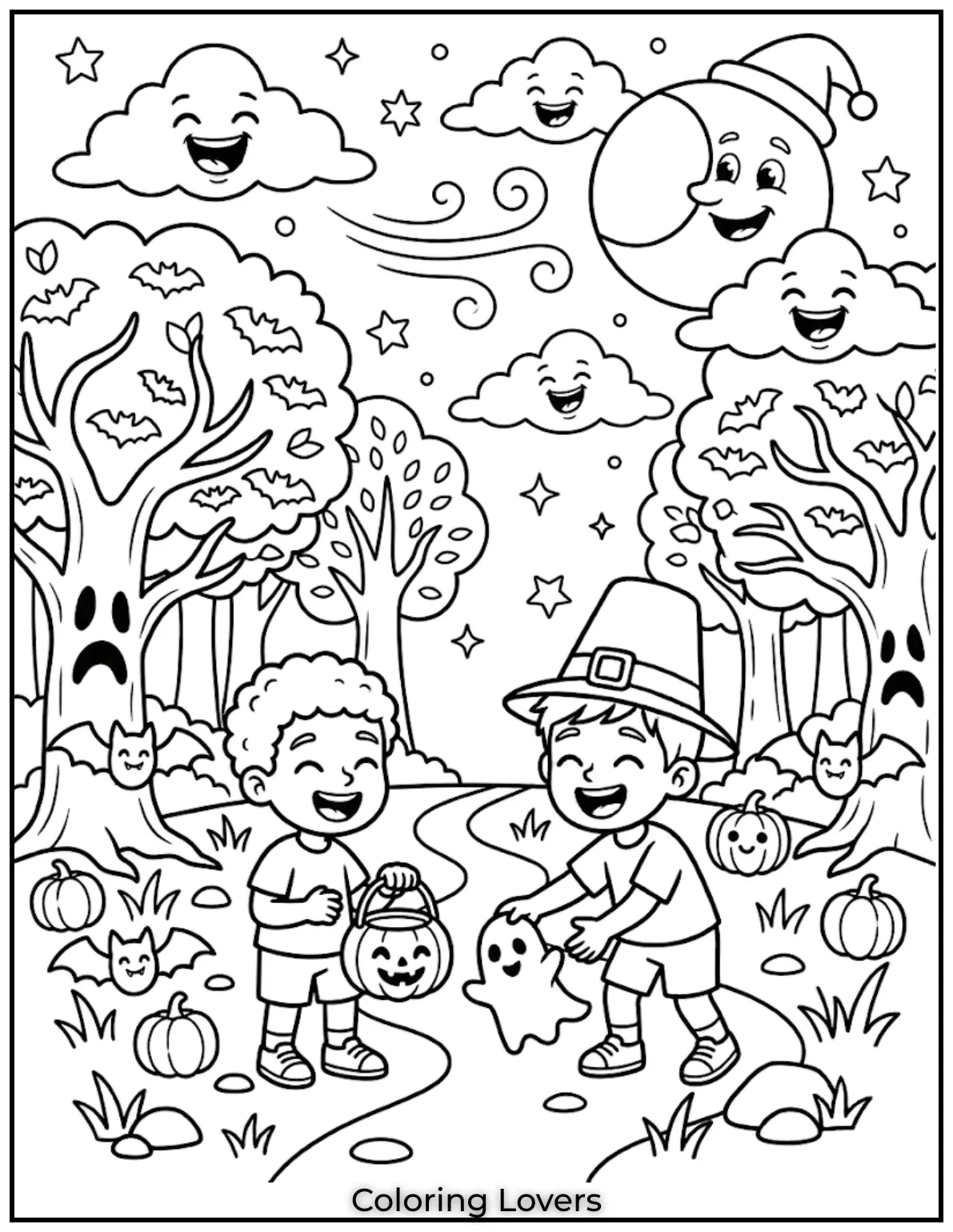 Cute spooky trees, moon, clouds, not scary, playful Halloween-style outlines