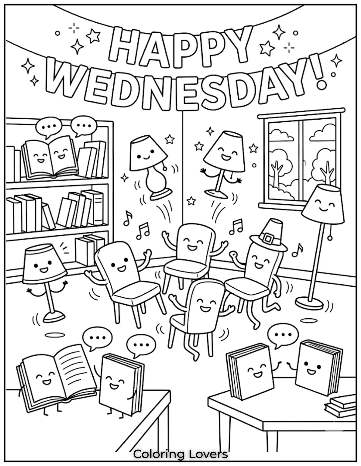 This Wednesday coloring page includes strange objects, helping kids explore imagination through fun artistic expression.