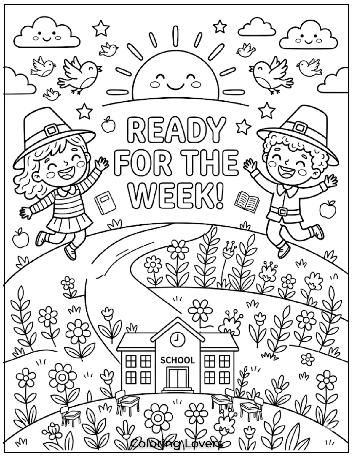 Energetic characters and school scenes inspire kids to feel excited and ready for the new week.
