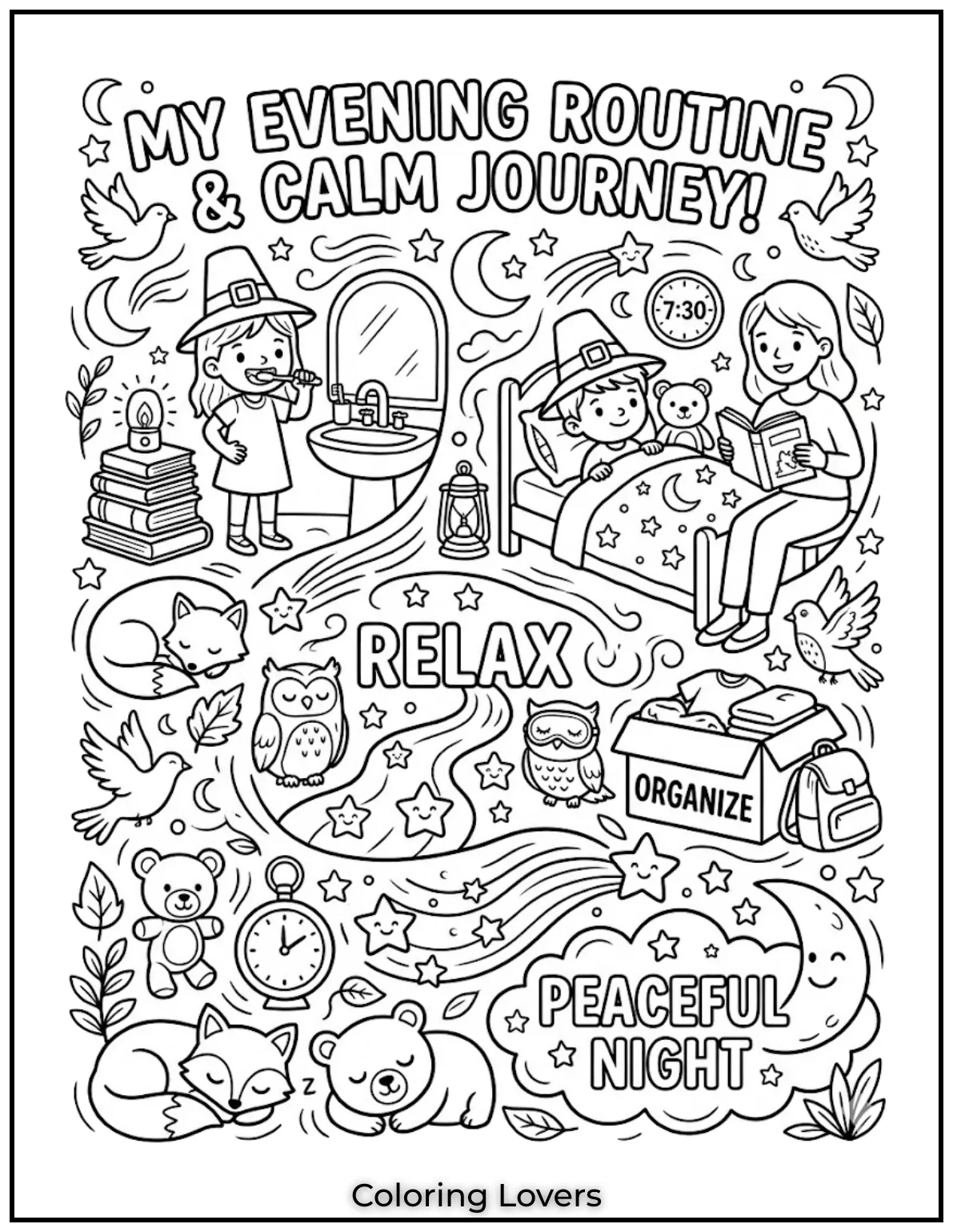 Evening routine pages help kids wind down calmly and prepare for a peaceful night sleep.
