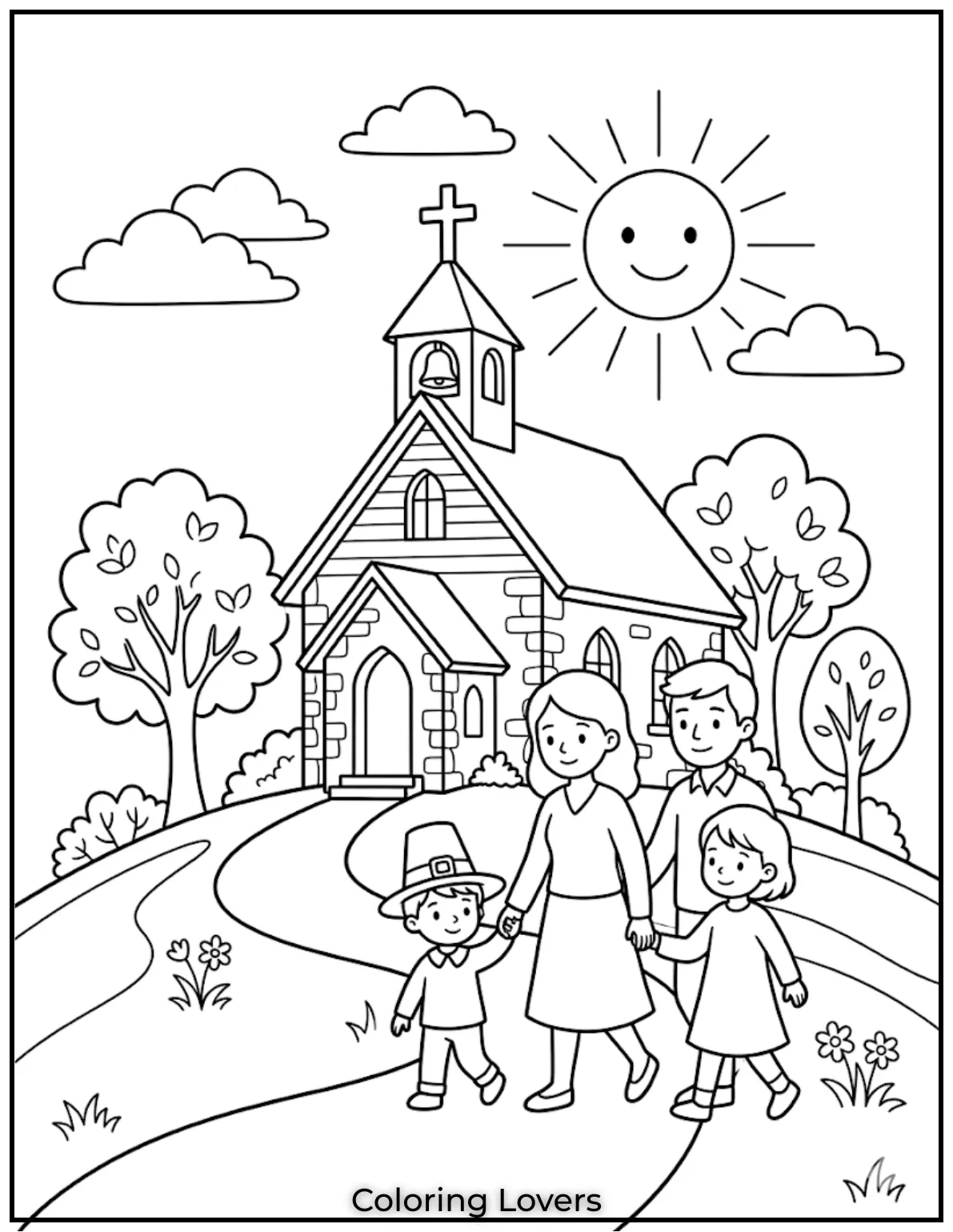 Church Visit Moments
Family walking toward small church, trees around, simple line art, open space for coloring