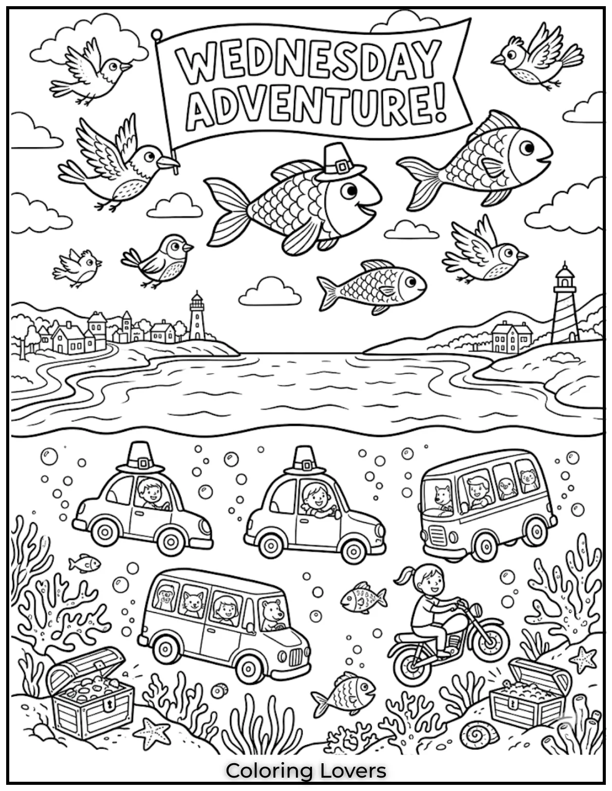 This Wednesday coloring page mixes unusual elements, helping kids enjoy silly and creative coloring time.