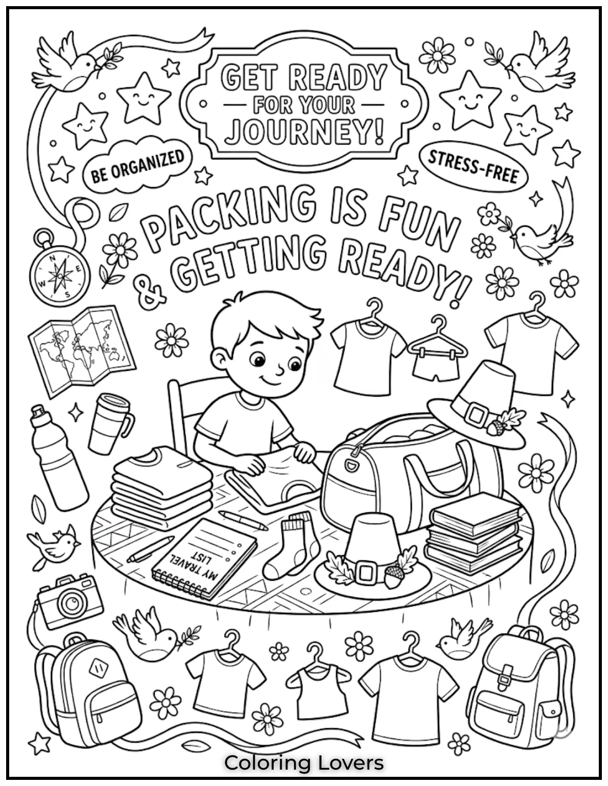 Fun images of packing bags and getting ready help kids feel organized and stress-free.
