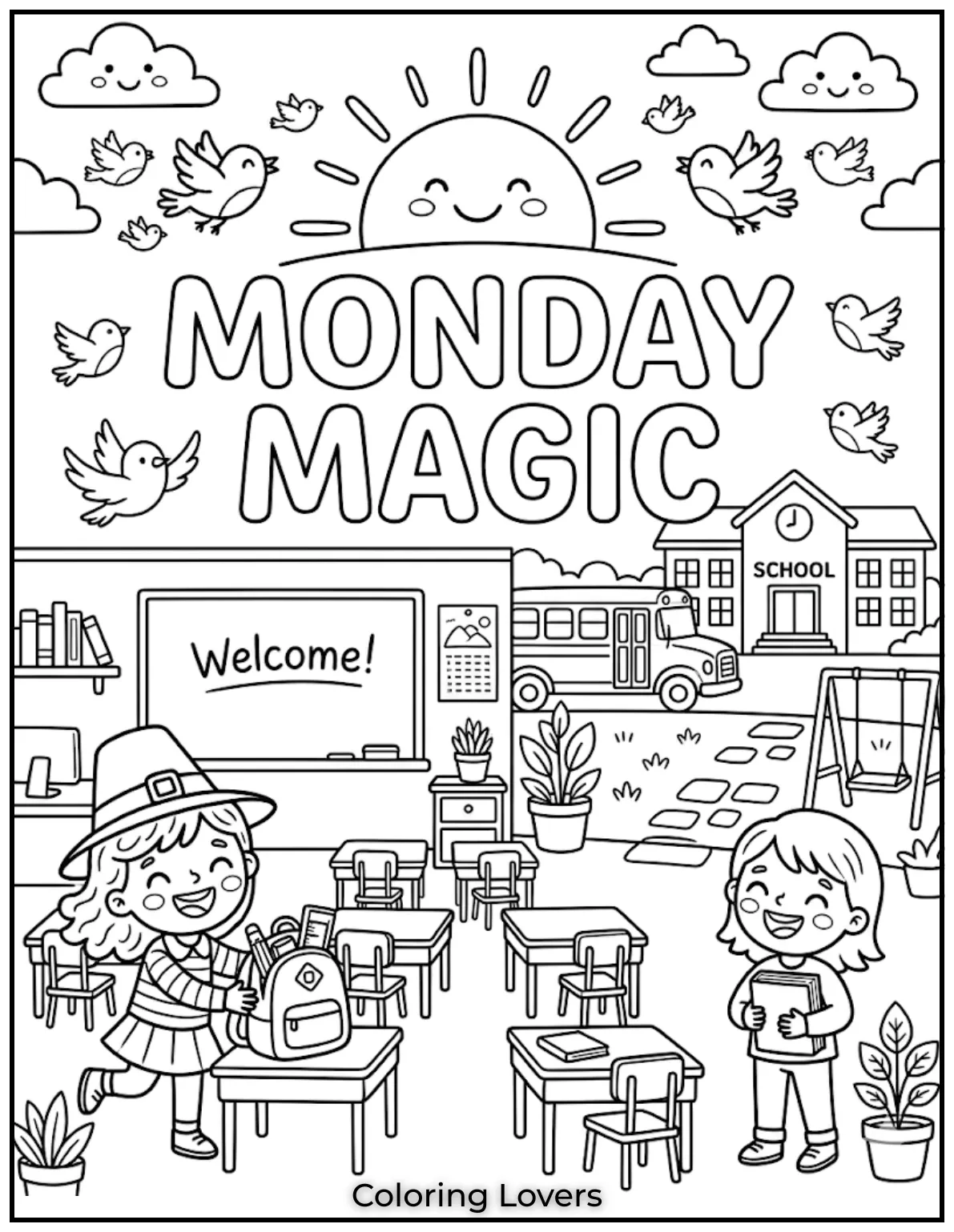 Fun school images like bags and classrooms help kids feel happy and confident about Monday learning.
