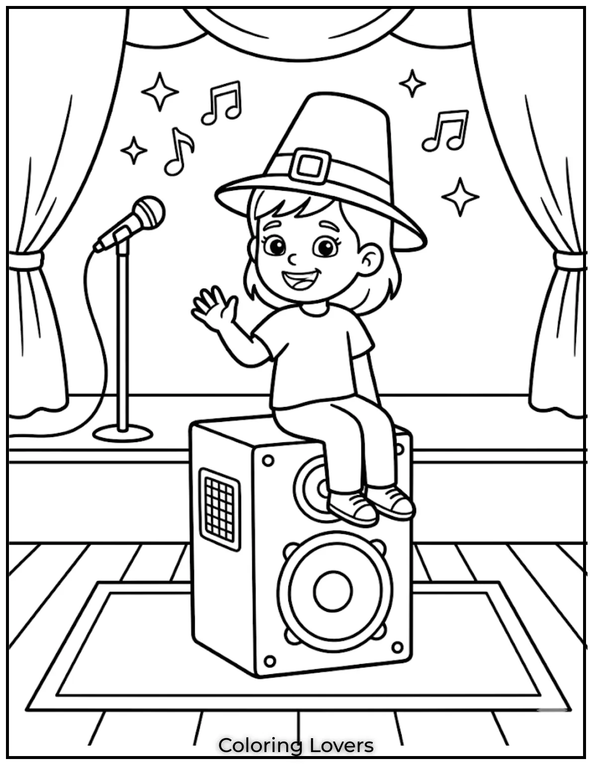 Girl sitting on big speaker smiling, simple stage, minimal details, thick lines, no shadin