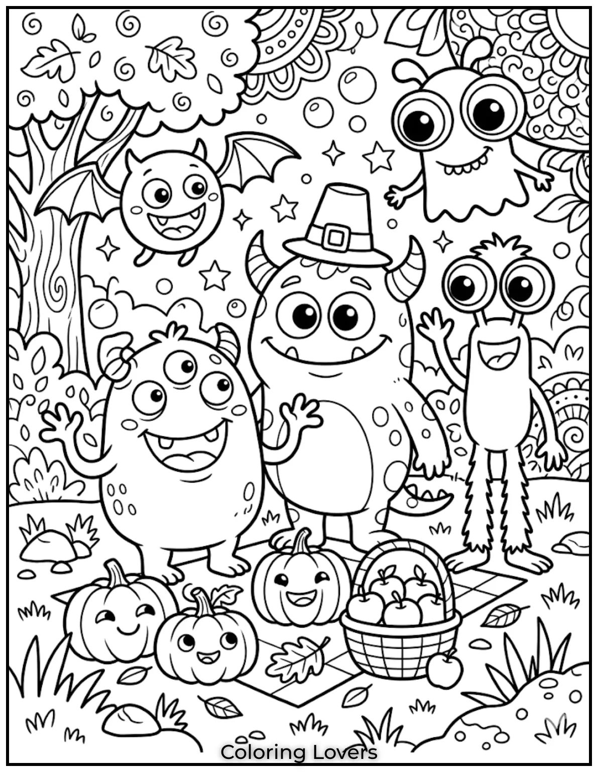 Goofy monsters with funny eyes and smiles, not scary, cartoon style