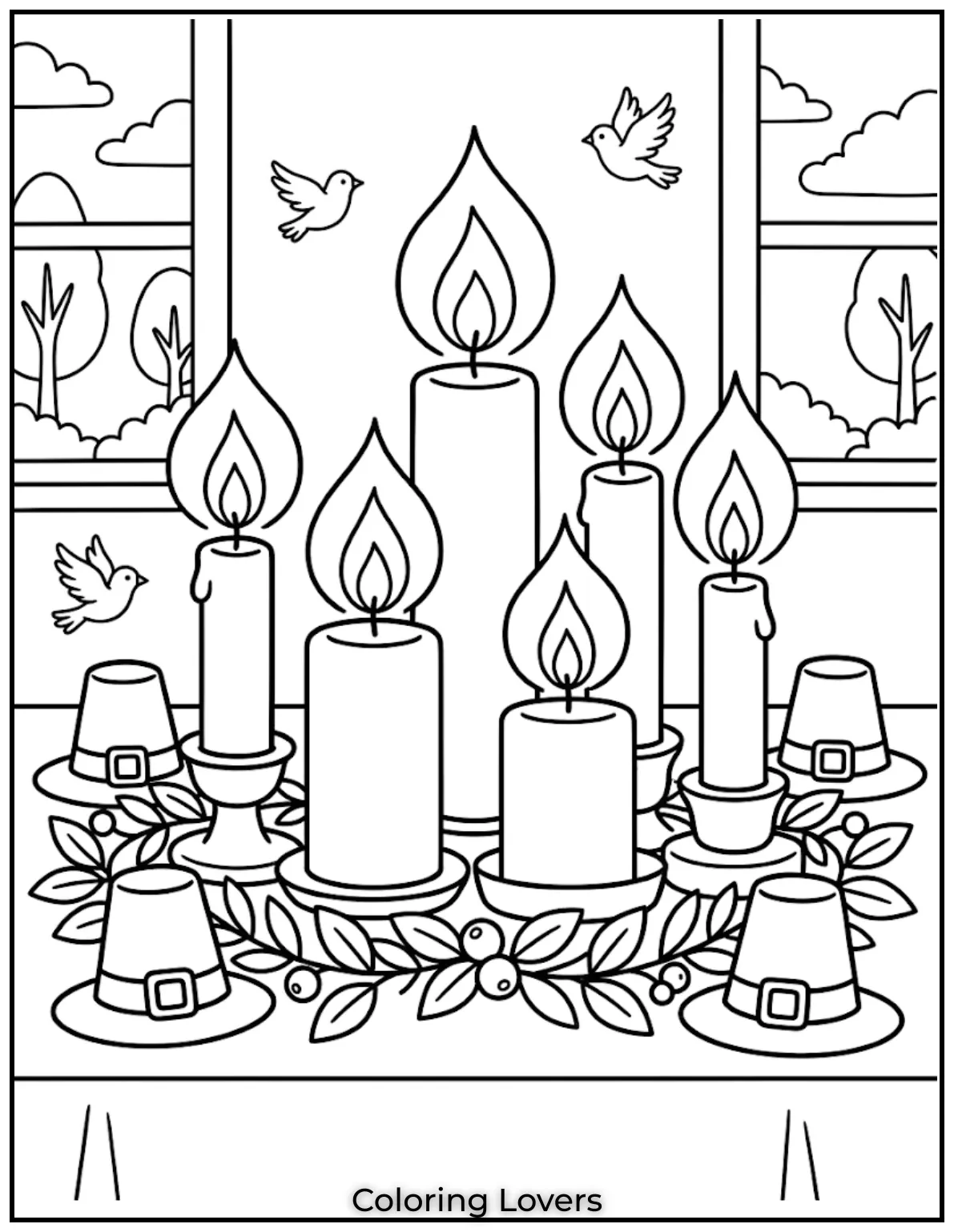 Group of candles glowing softly, simple table setup, peaceful mood, thick outlines, no shading