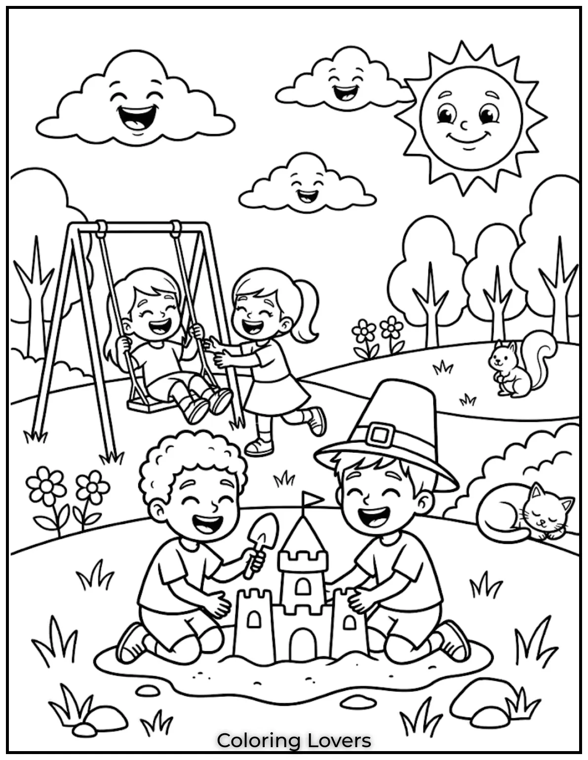 Friends Fun TogetherGroup of kids playing together, laughing, open space, friendly scene, coloring page