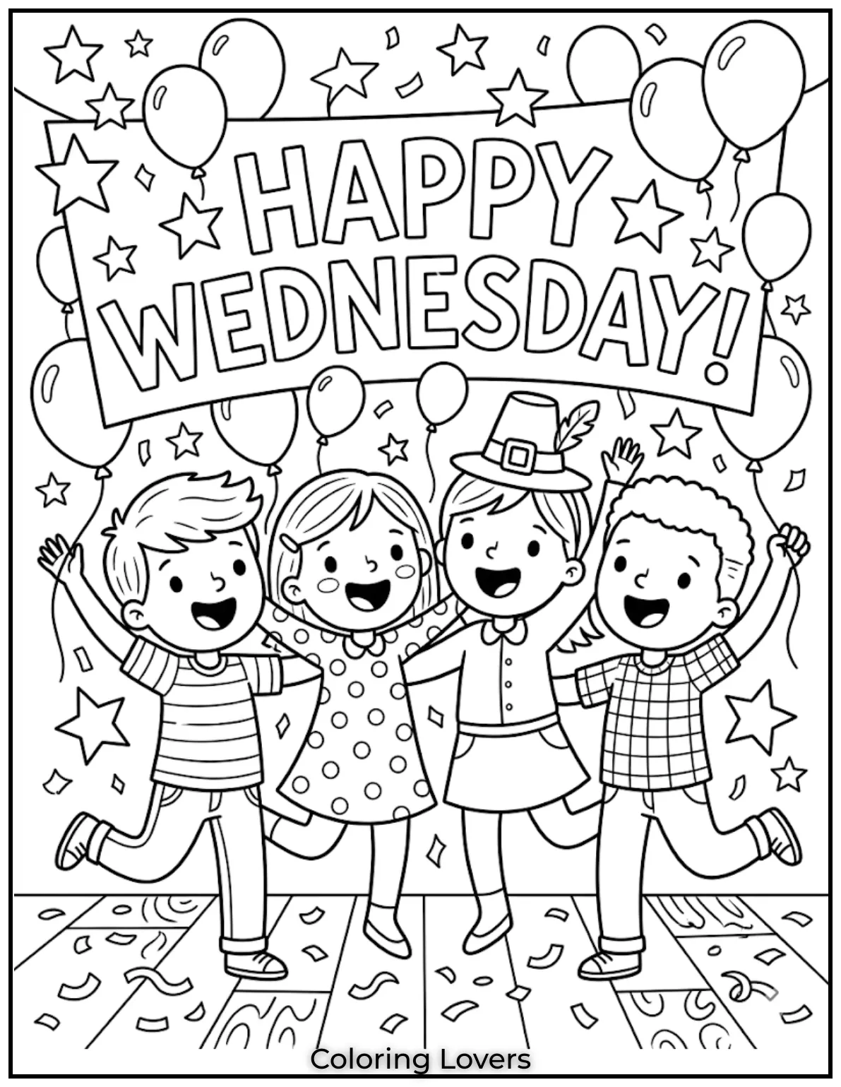 This Wednesday coloring page celebrates midweek progress, helping kids feel happy, motivated, and full of energy.