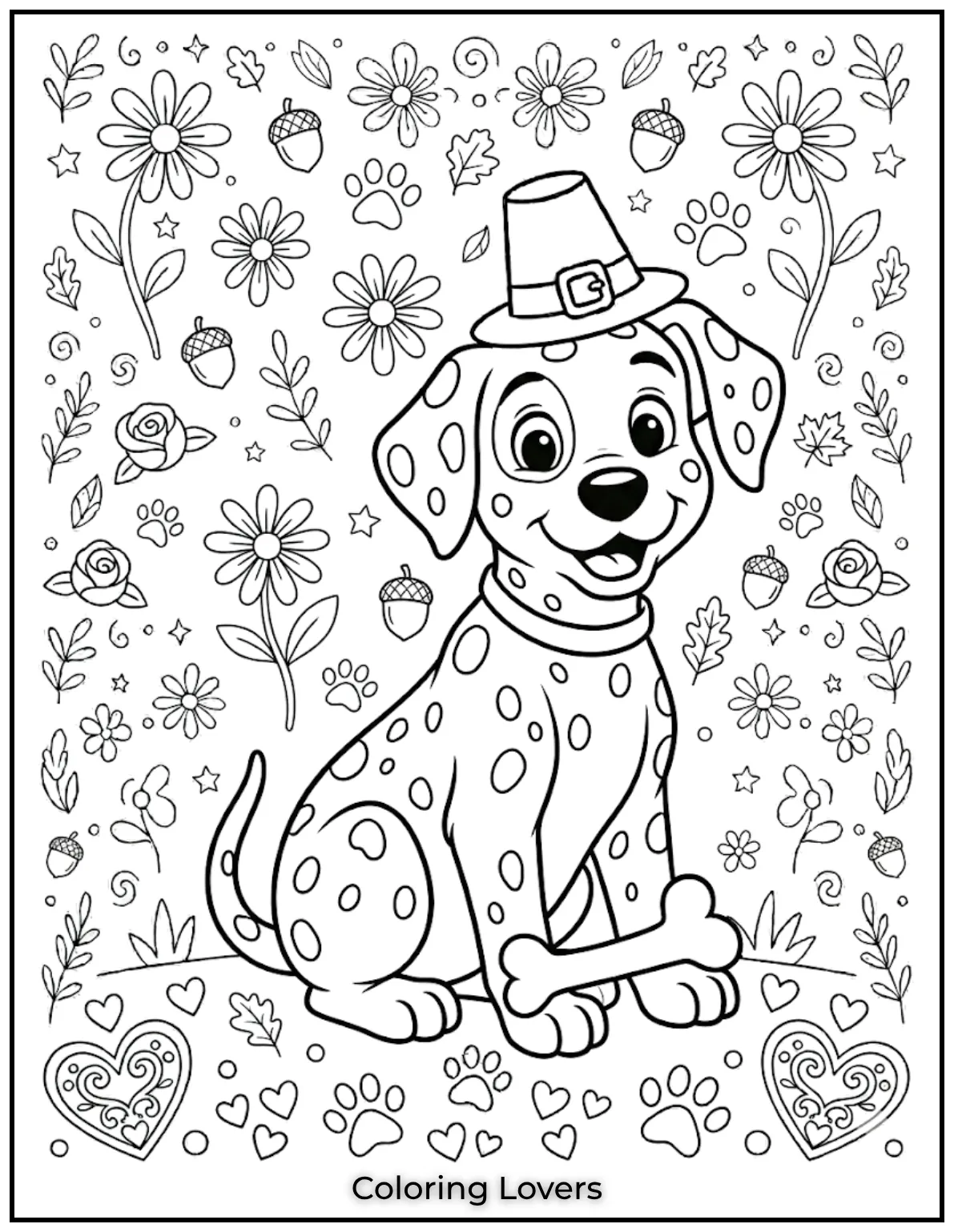 Here’s a happy Dalmatian puppy sitting with its favorite bone.