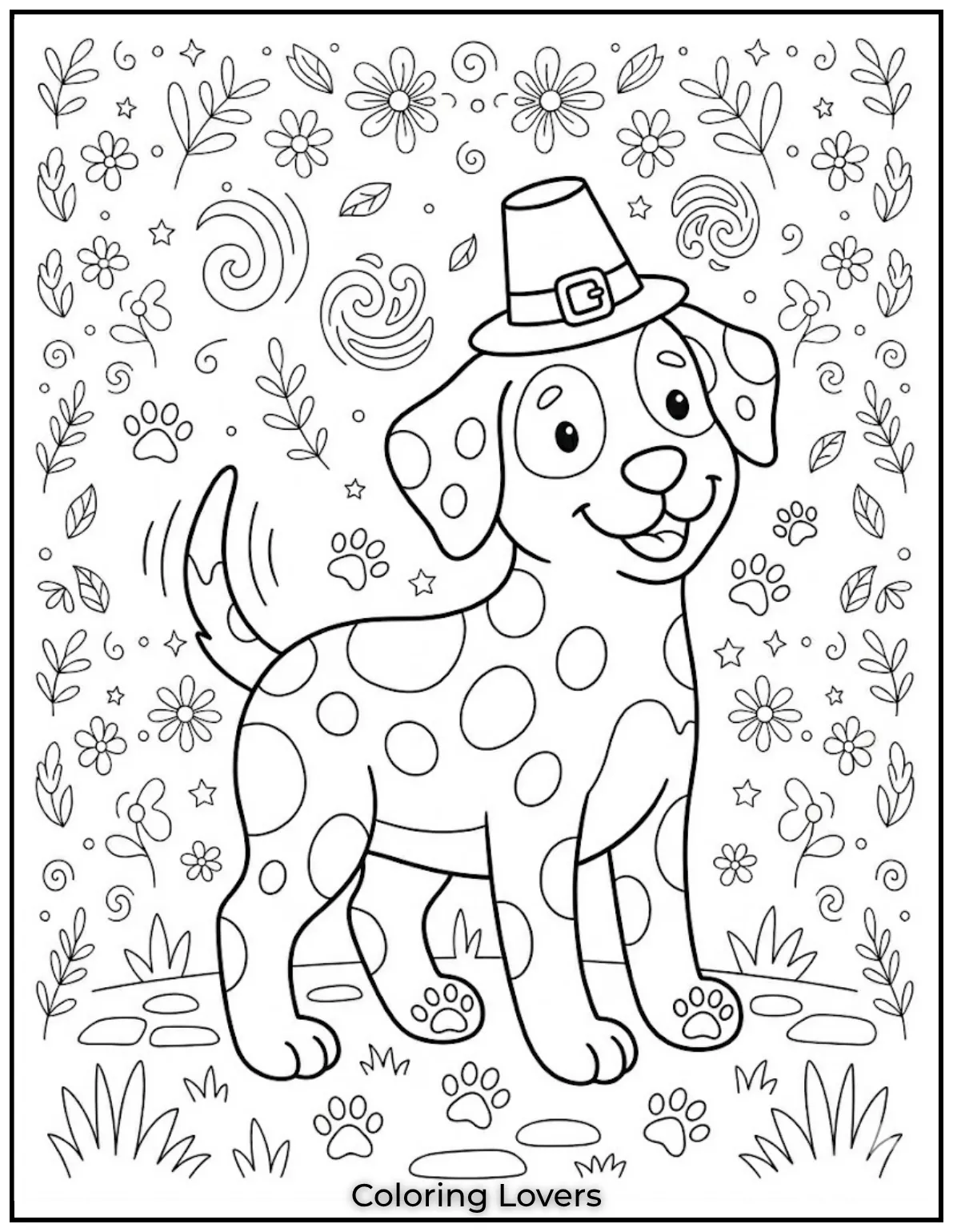 I had so much fun drawing this cheerful spotted dog. Those little paw prints just add a playful touch that kids will love coloring.
