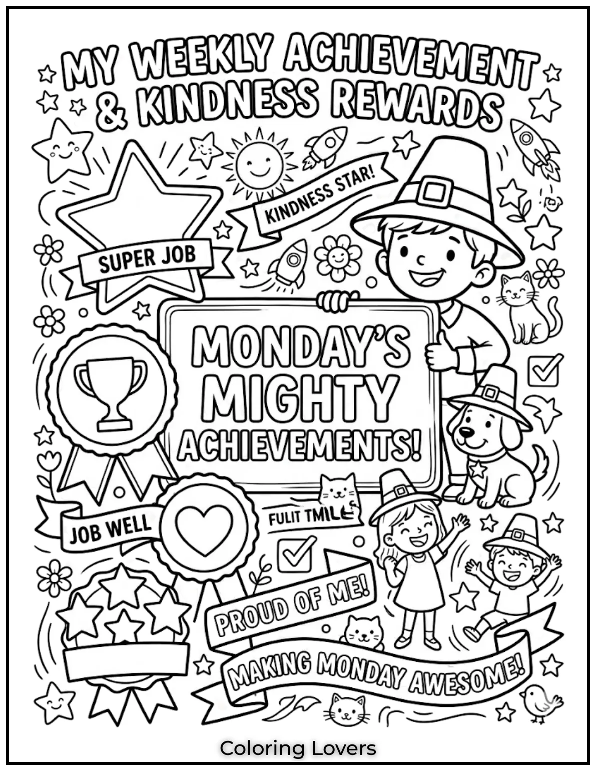 Kids color reward badges and stars, making them feel proud after completing small Monday tasks.
