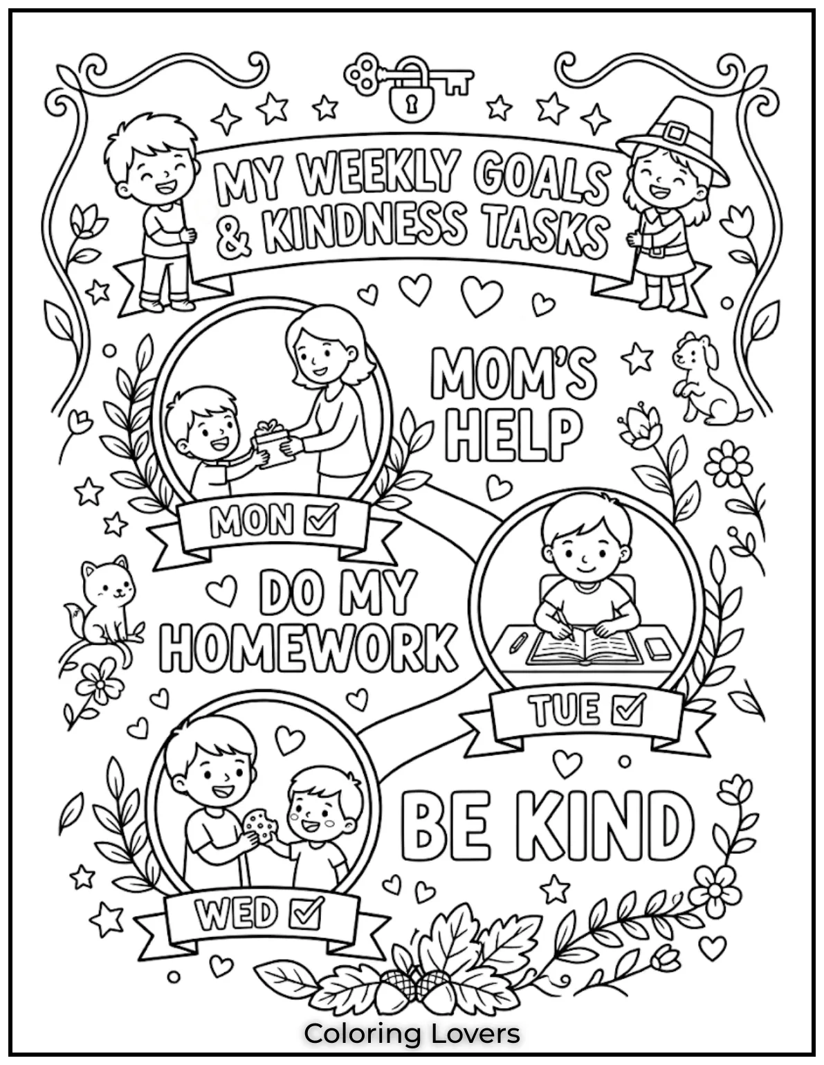 Kids color small goals like homework or kindness tasks, building responsibility and positive weekly habits.
