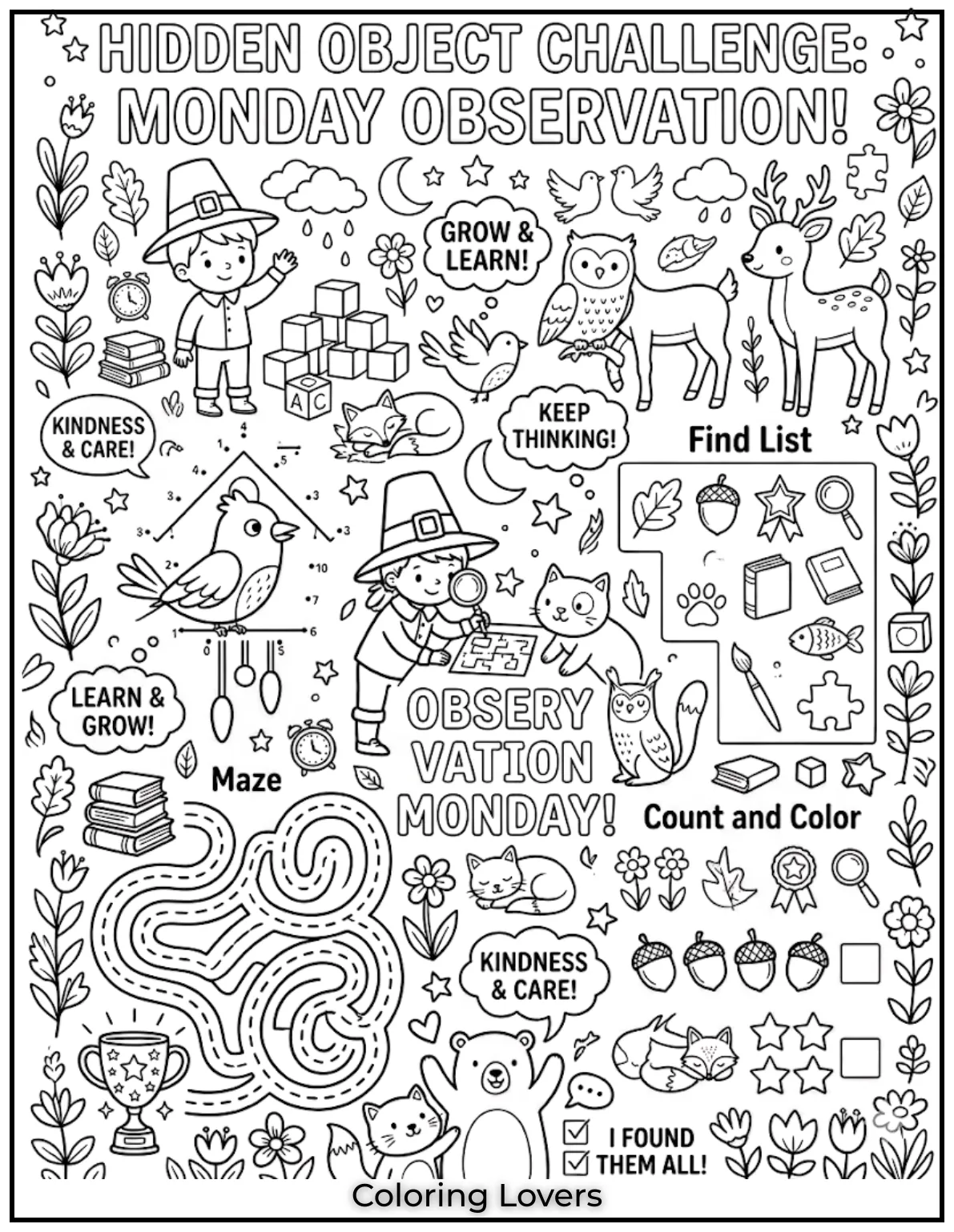 Kids find hidden objects and color them, boosting focus and observation skills playfully