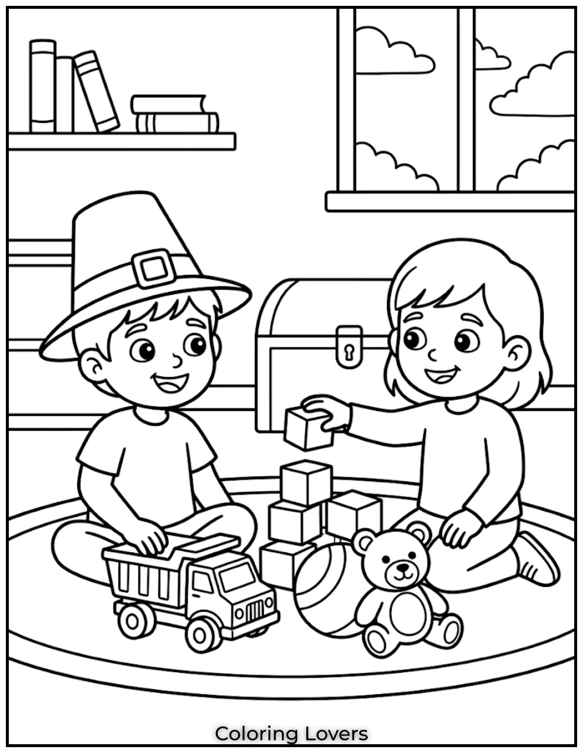 Kindness Act DrawingsKids helping each other, sharing toys, smiling faces, simple background, bold clean lines