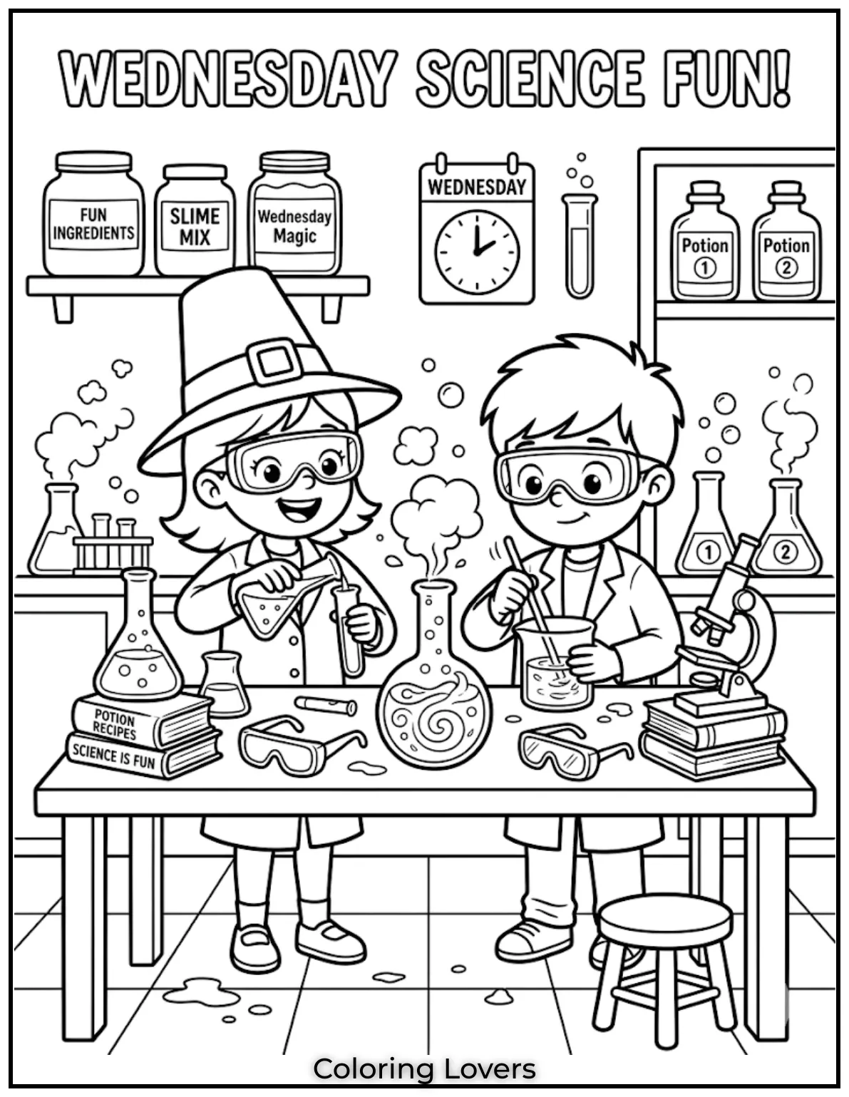 This Wednesday coloring page introduces simple science ideas, making learning fun and creative for kids.