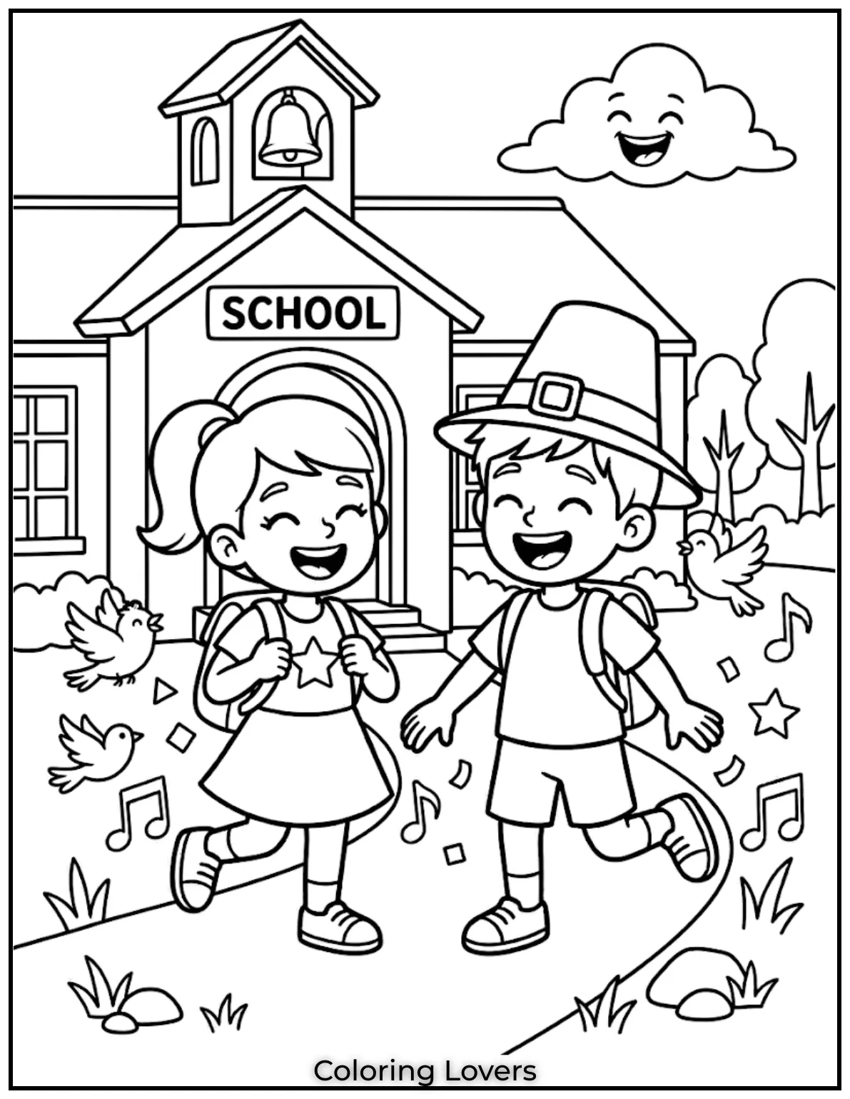 Kids running out of school building, backpacks, happy expressions, simple background