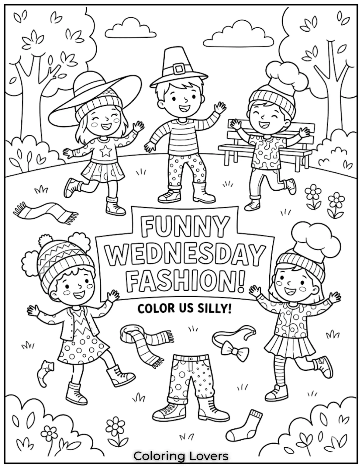 Kids wearing funny outfits make this Wednesday coloring page playful and full of creative inspiration.