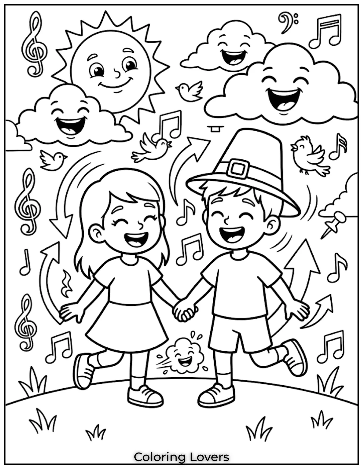 Smiling Friday FacesKids with big smiles, sun with face, clouds laughing, simple happy scene, outline style