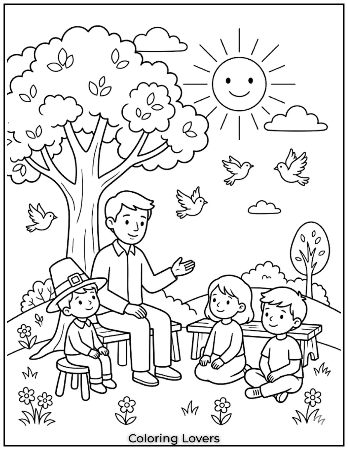 Kind figure teaching children under tree, gentle expressions, simplified forms, respectful and minimal design