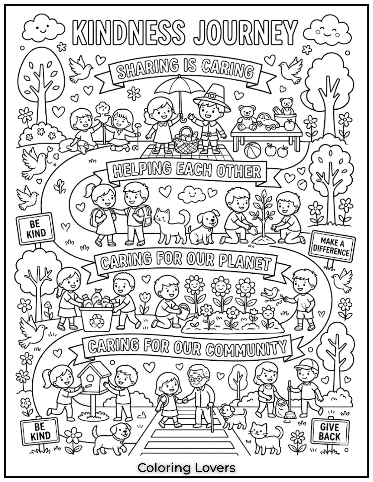 Pages showing sharing, helping, and caring teach kids kindness while enjoying creative coloring time.
