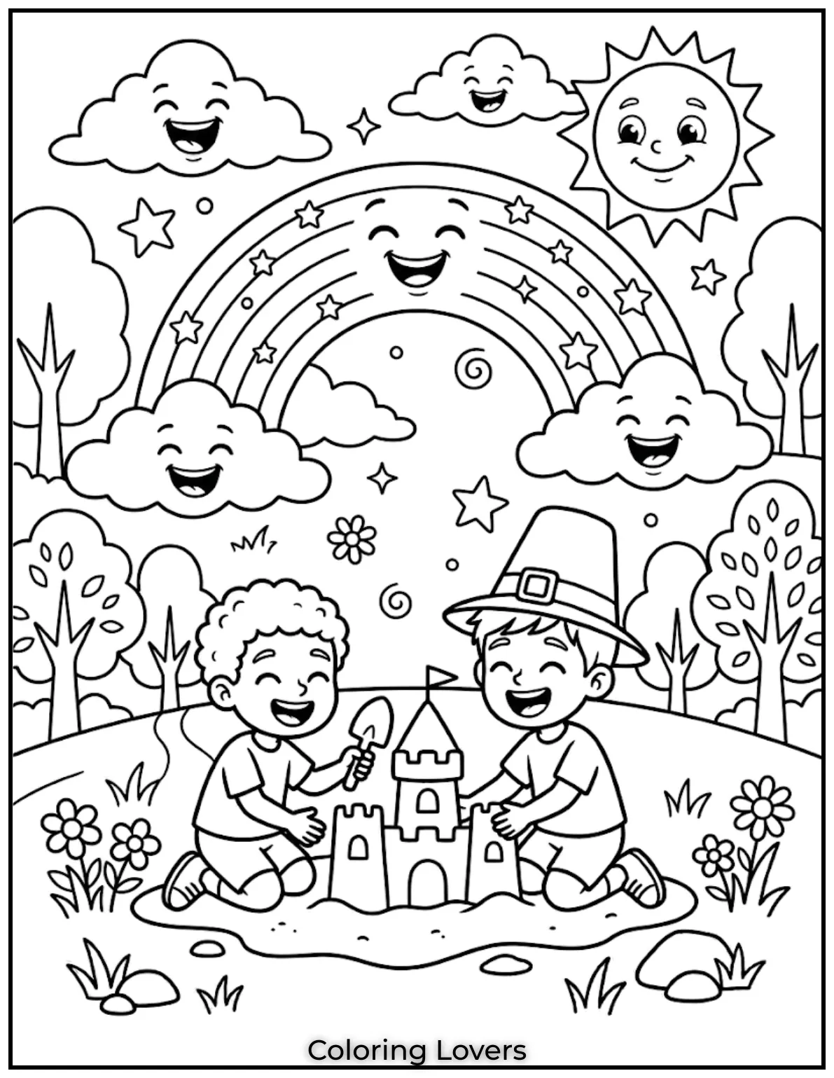 Bright Color HappinessRainbow, sun, stars, smiling elements, simple shapes, bold outlines