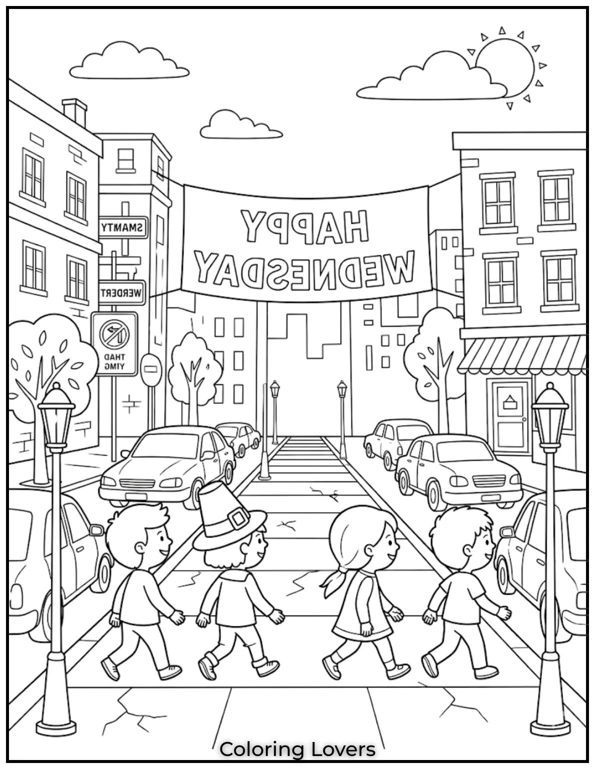 A fun Wednesday coloring page featuring a backward world encourages kids to think and color differently.
